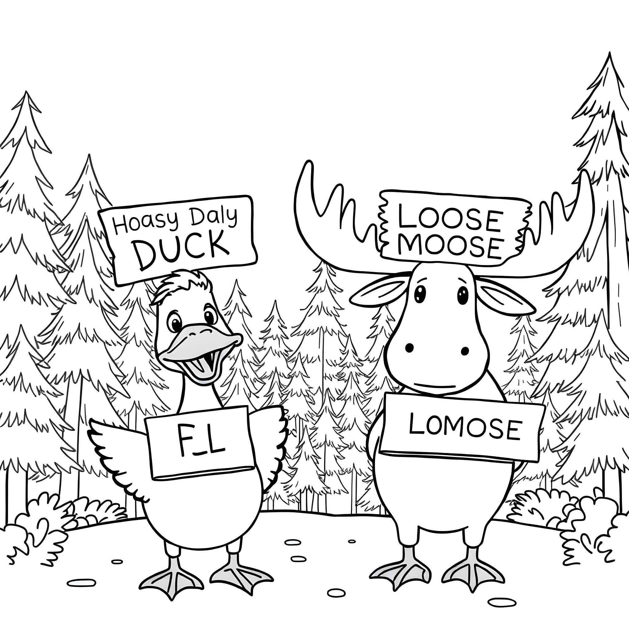 Duck and Moose Having Fun in the Forest Coloring Page (free black-and-white line drawing printable PDF for all, from beginners to advanced learners, including children, teens, adults, and seniors)