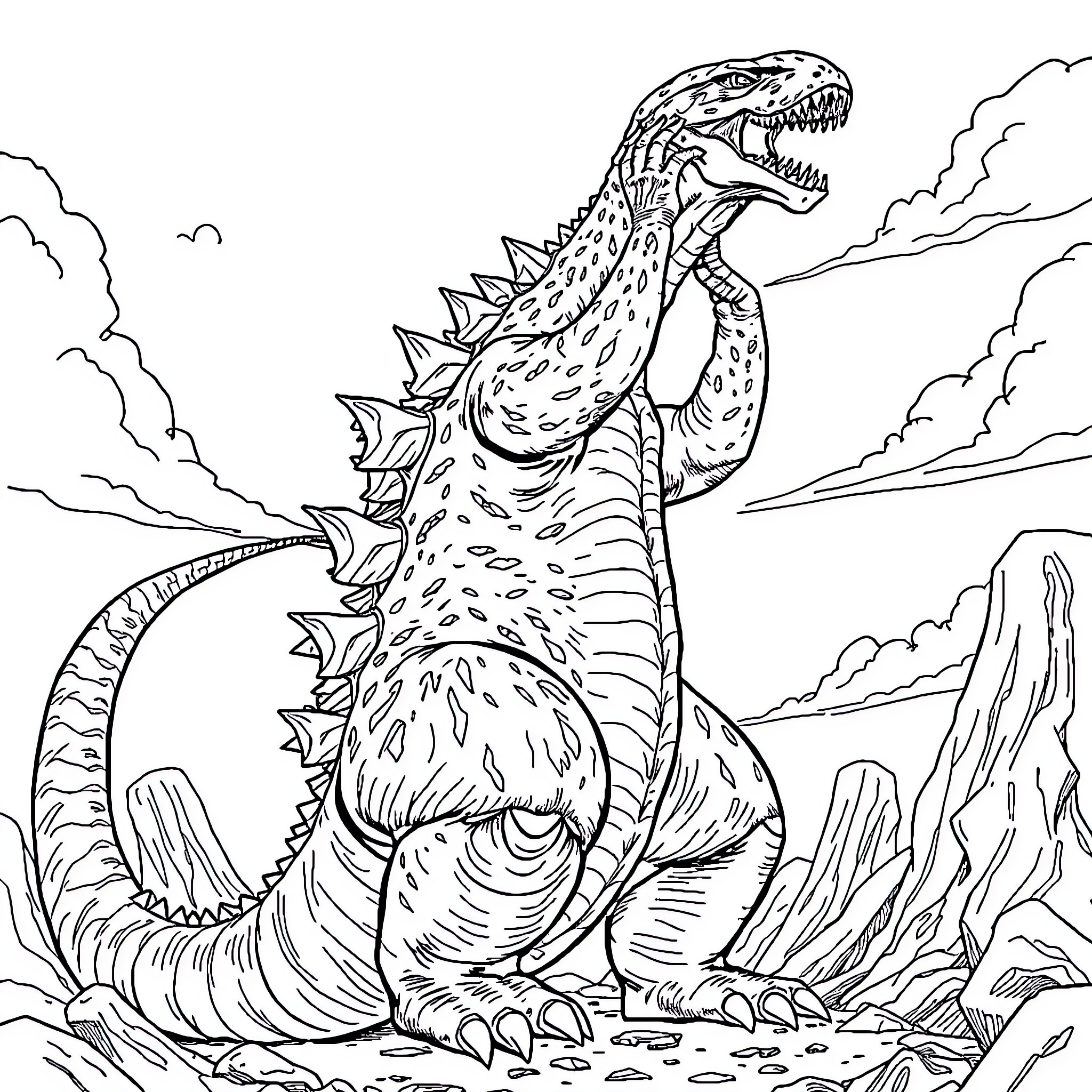Godzilla Stomping Through a Desolate Landscape Coloring Page (free black-and-white line drawing printable PDF for all, from beginners to advanced learners, including children, teens, adults, and seniors)