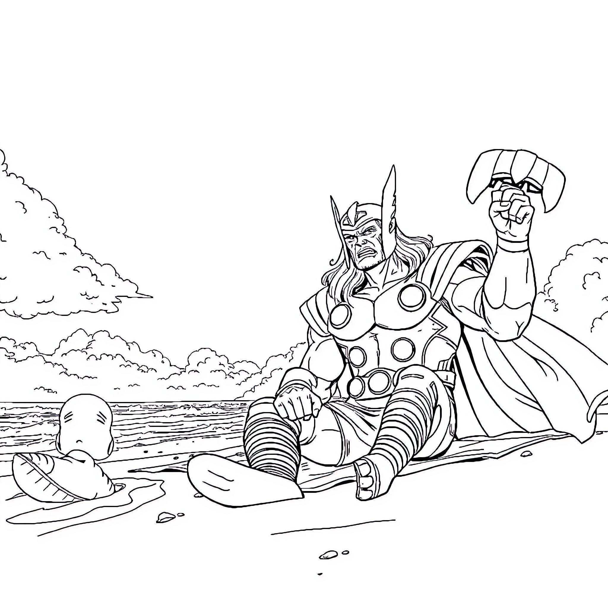 Hulk in heroic stance on the beach Coloring Page (free black-and-white line drawing printable PDF for all, from beginners to advanced learners, including children, teens, adults, and seniors)