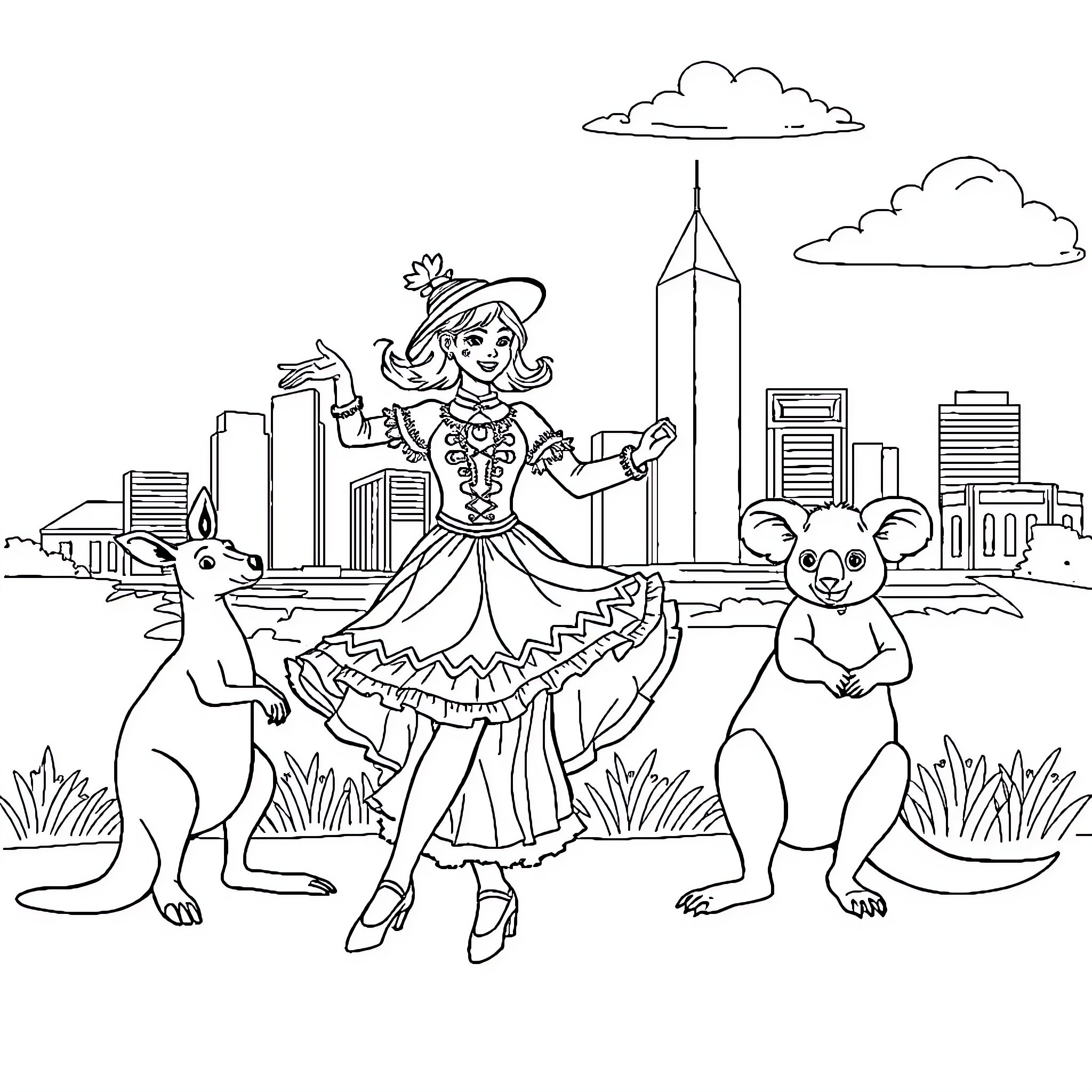 Dancer in ornate costume performs with animal companions Coloring Page (free black-and-white line drawing printable PDF for all, from beginners to advanced learners, including children, teens, adults, and seniors)