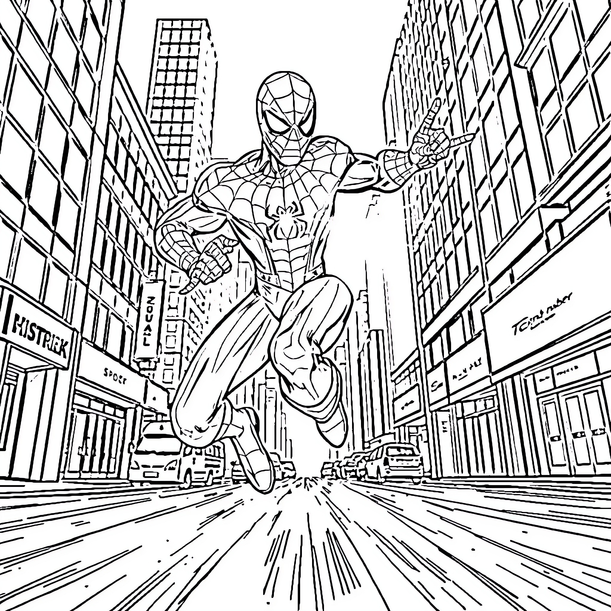 Spiderman swinging through the city streets Coloring Page (free black-and-white line drawing printable PDF for all, from beginners to advanced learners, including children, teens, adults, and seniors)