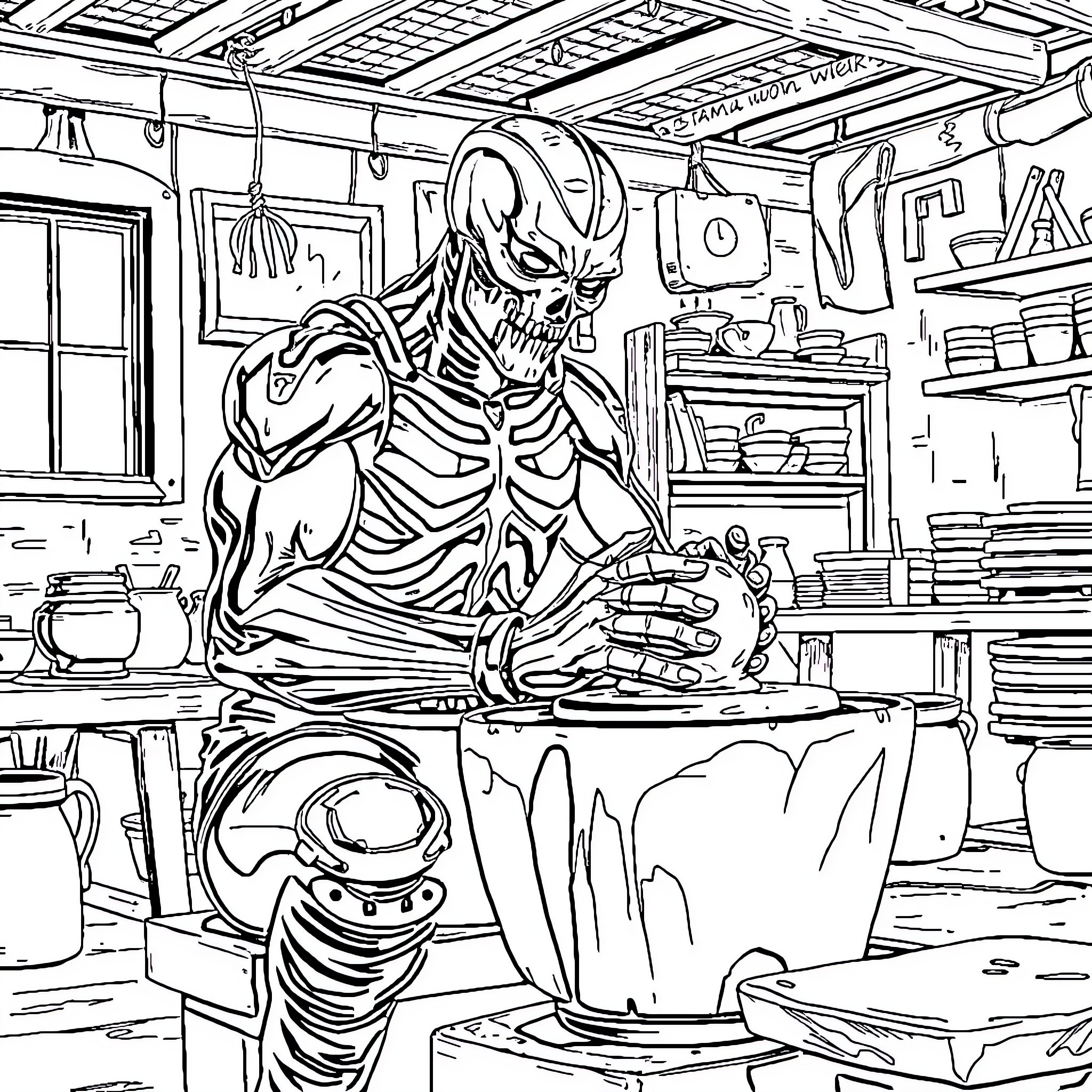 Deathlok Crafting Sinister Gadgets in Workshop Coloring Page (free black-and-white line drawing printable PDF for all, from beginners to advanced learners, including children, teens, adults, and seniors)