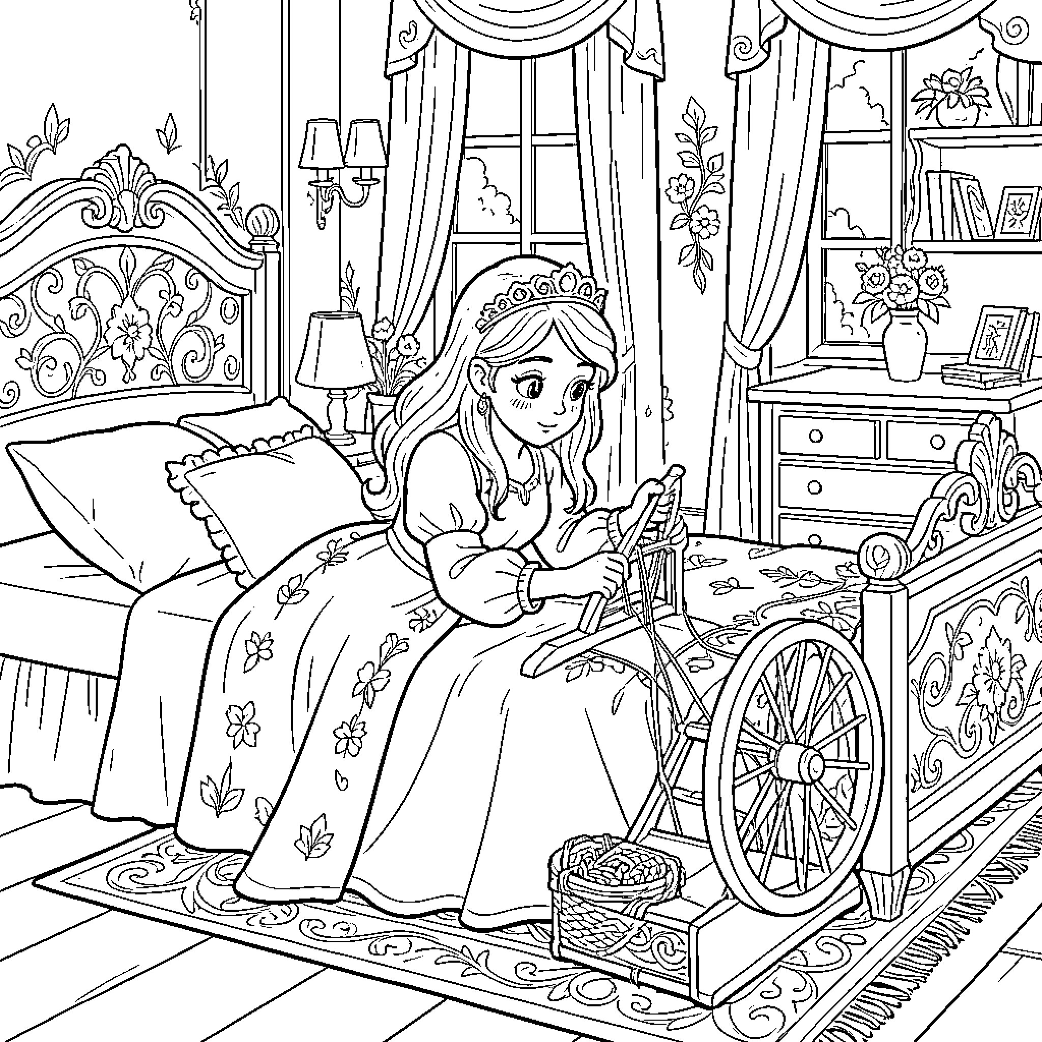 Sleeping Beauty spinning thread at a spinning wheel Coloring Page (free black-and-white line drawing printable PDF for all, from beginners to advanced learners, including children, teens, adults, and seniors)