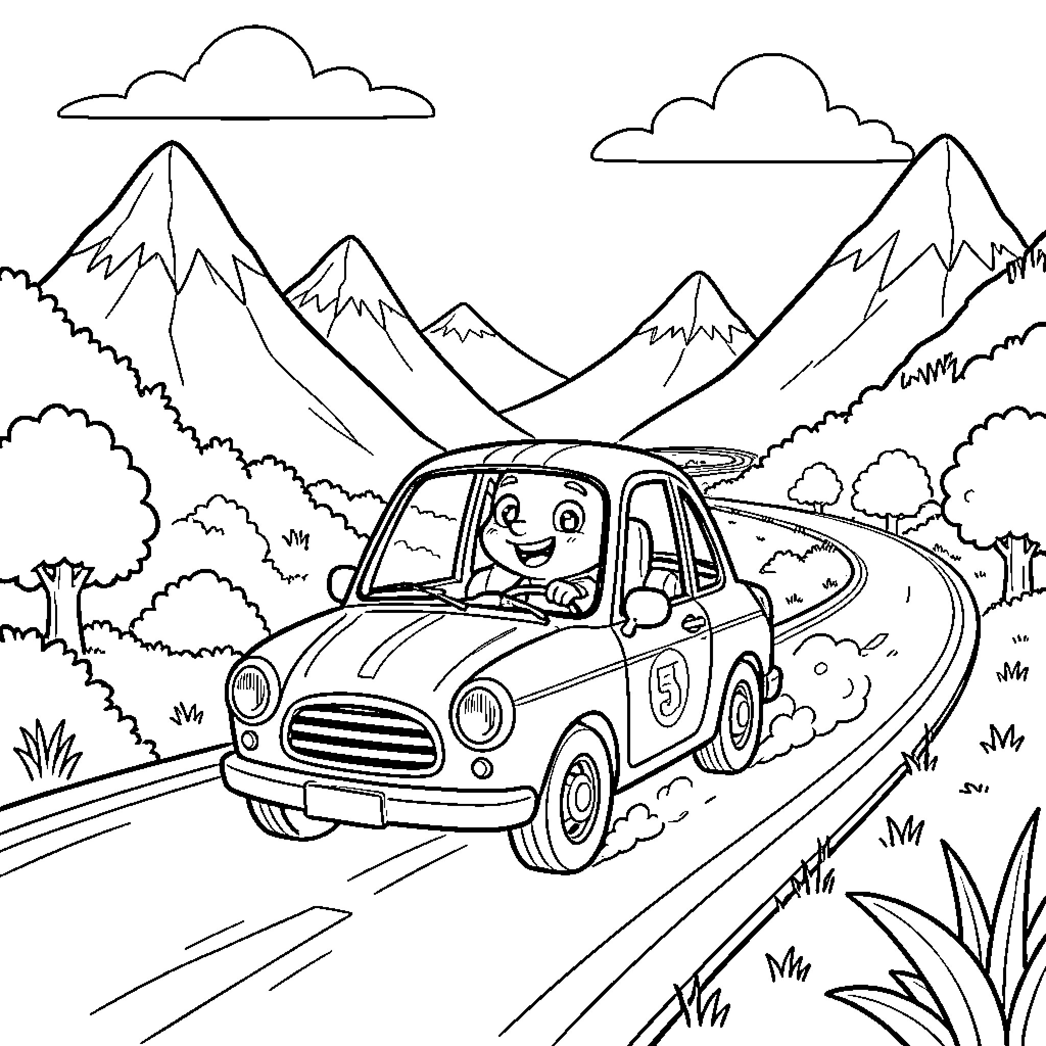 Bluey's Scenic Mountain Drive Coloring Page (free black-and-white line drawing printable PDF for all, from beginners to advanced learners, including children, teens, adults, and seniors)