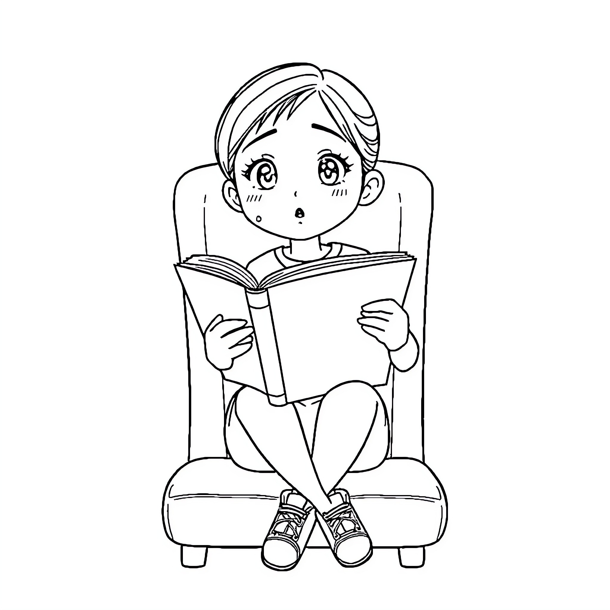 Teen reads book intently on chair Coloring Page (free black-and-white line drawing printable PDF for all, from beginners to advanced learners, including children, teens, adults, and seniors)