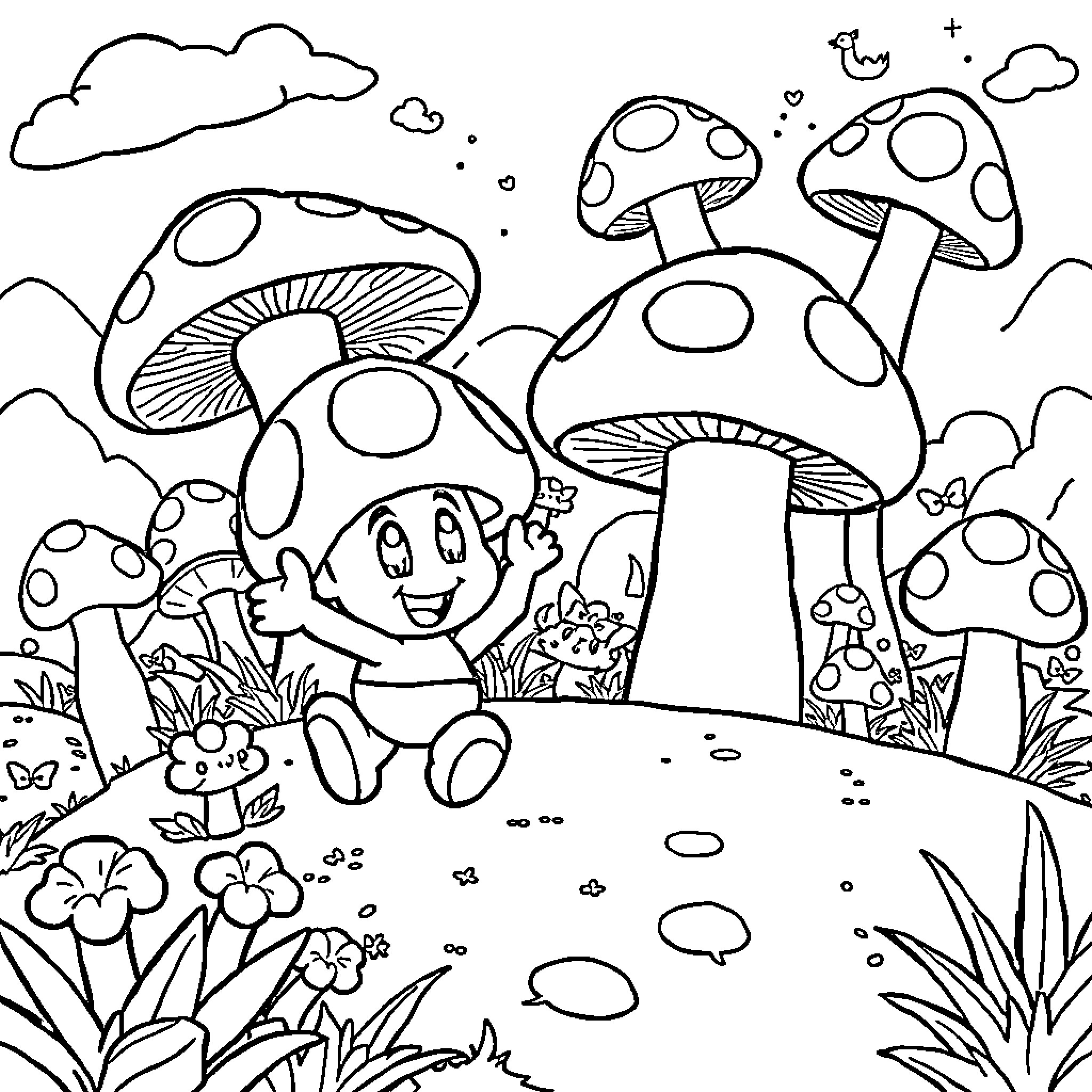 Bluey's Mushroom Adventure Coloring Page (free black-and-white line drawing printable PDF for all, from beginners to advanced learners, including children, teens, adults, and seniors)