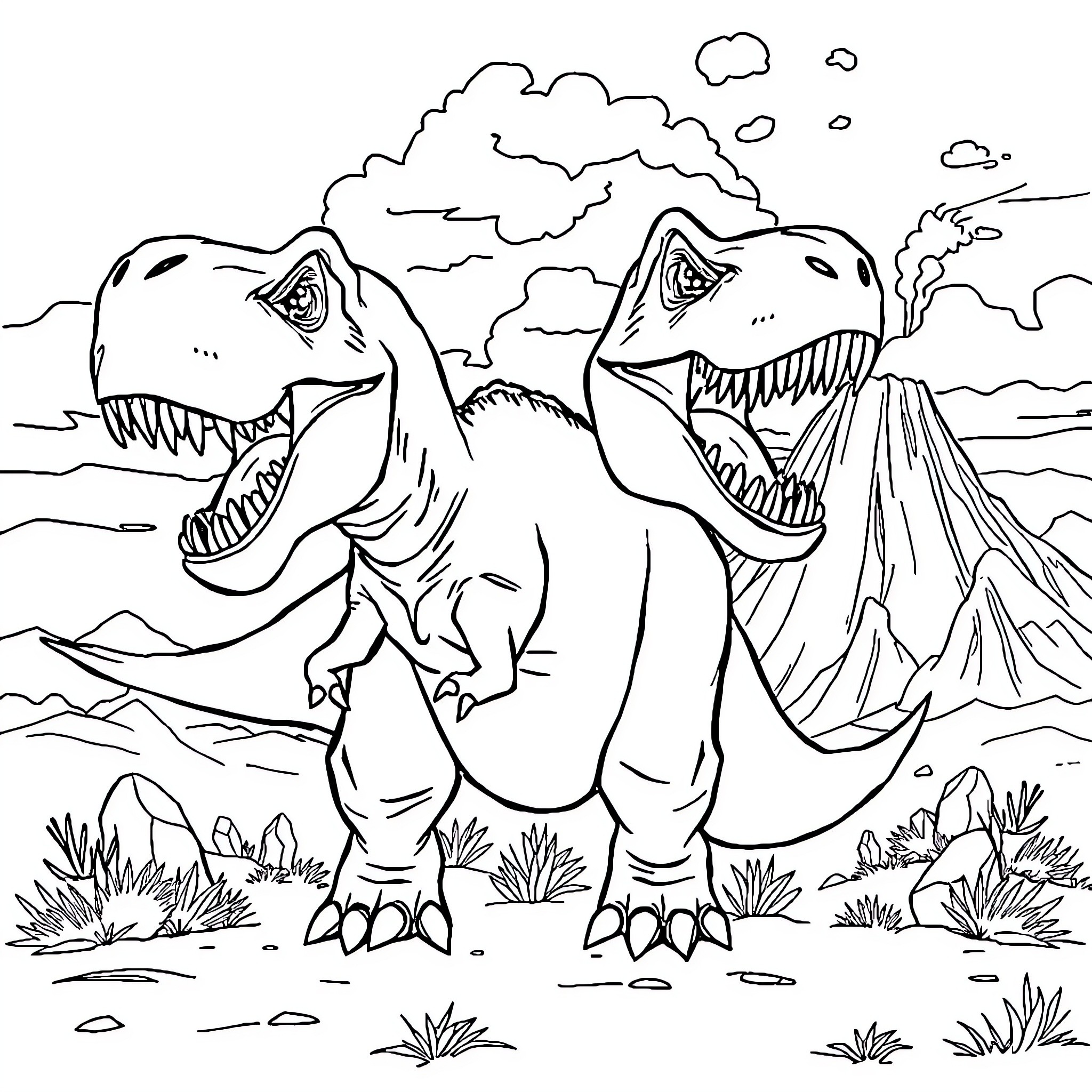 T-Rex Duo Roaring in Prehistoric Landscape Coloring Page (free black-and-white line drawing printable PDF for all, from beginners to advanced learners, including children, teens, adults, and seniors)