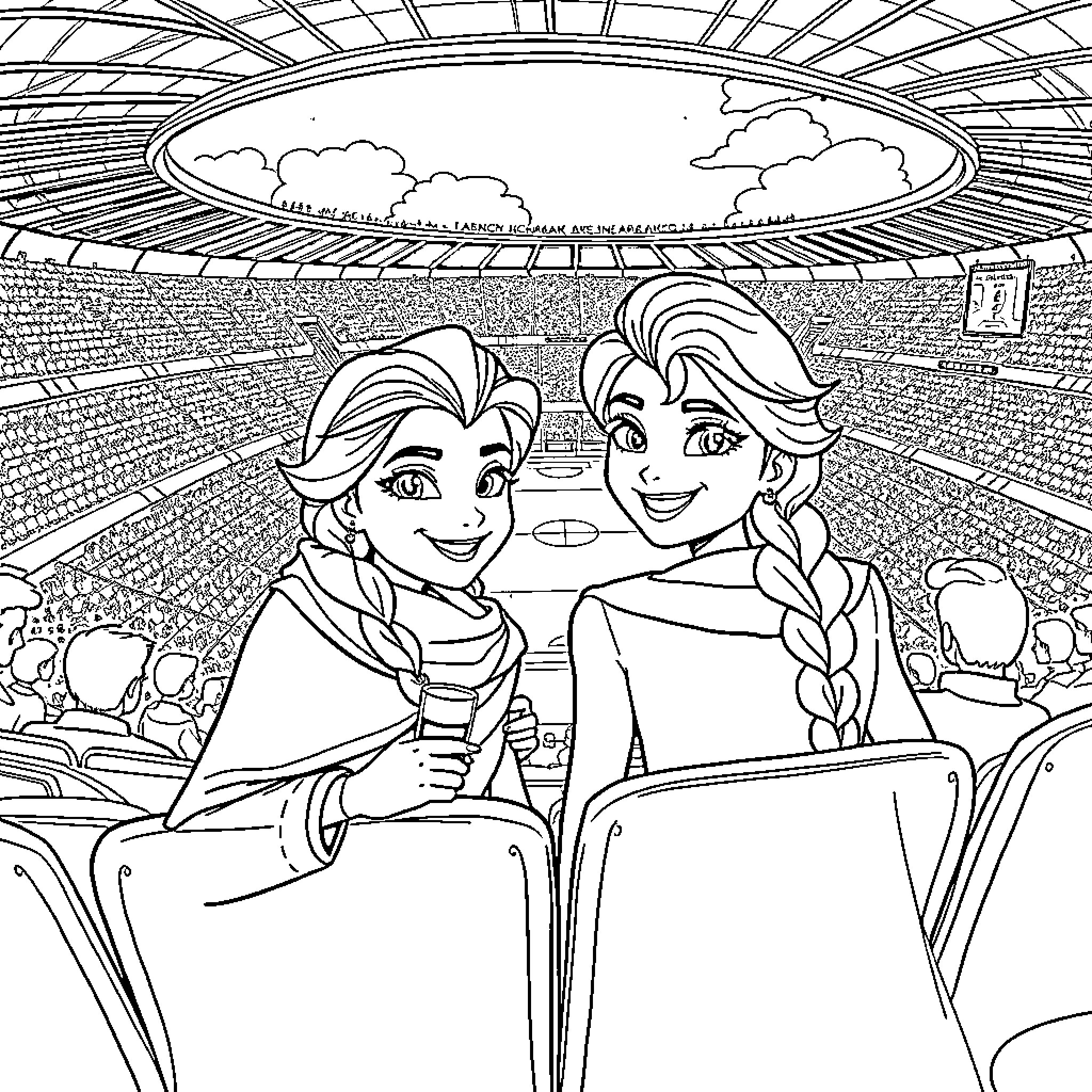Elsa and Anna Enjoying a Sports Event Coloring Page (free black-and-white line drawing printable PDF for all, from beginners to advanced learners, including children, teens, adults, and seniors)