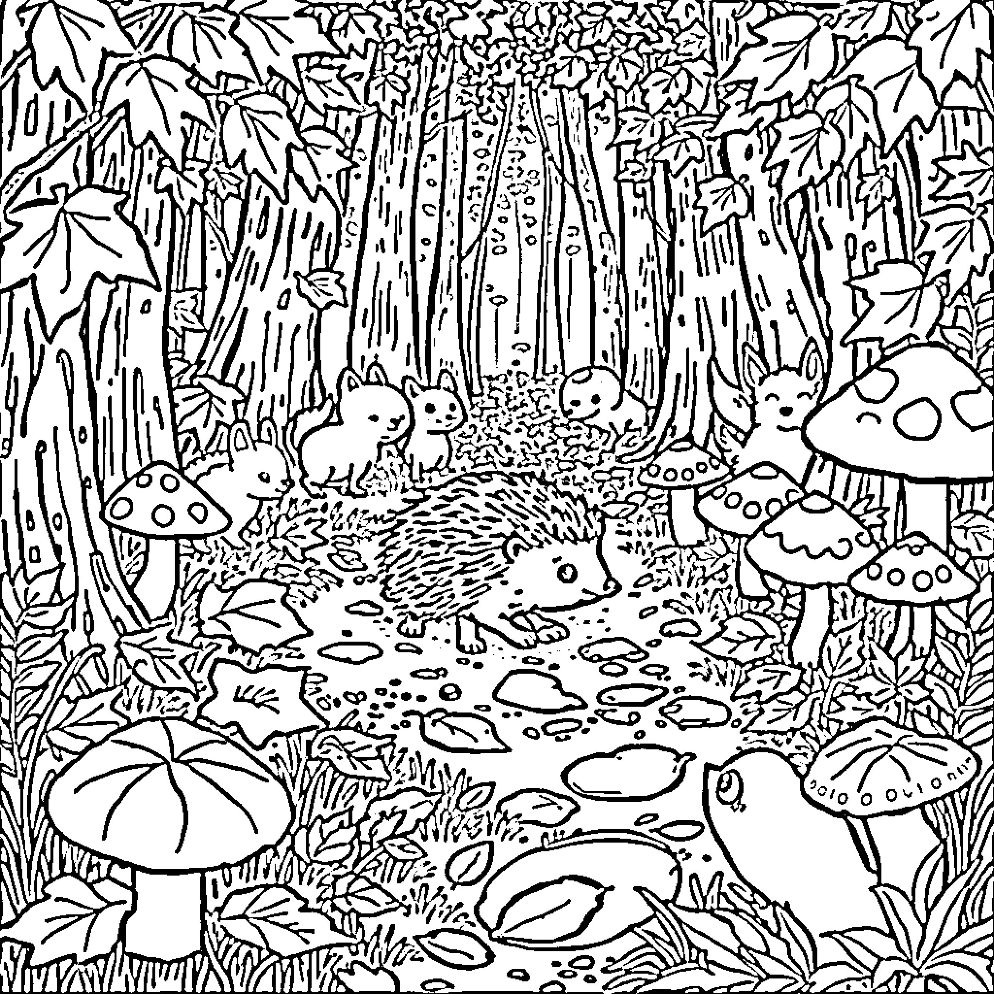 Hedgehog exploring the enchanted forest Coloring Page (free black-and-white line drawing printable PDF for all, from beginners to advanced learners, including children, teens, adults, and seniors)