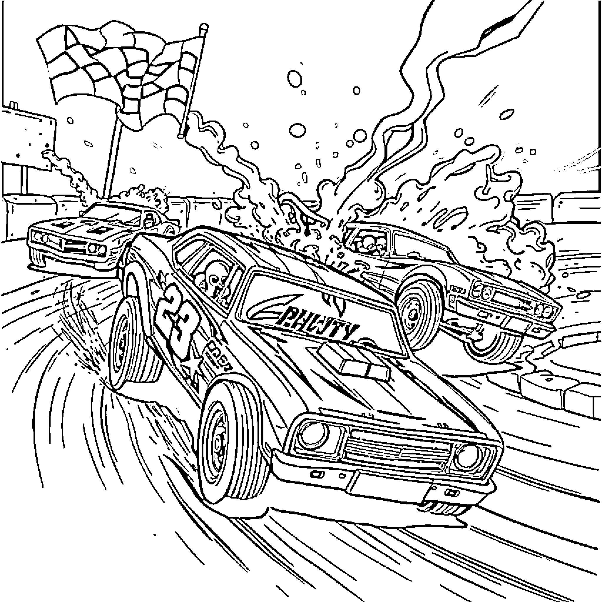 Demolition Derby Cars Crashing in Explosive Action Coloring Page (free black-and-white line drawing printable PDF for all, from beginners to advanced learners, including children, teens, adults, and seniors)