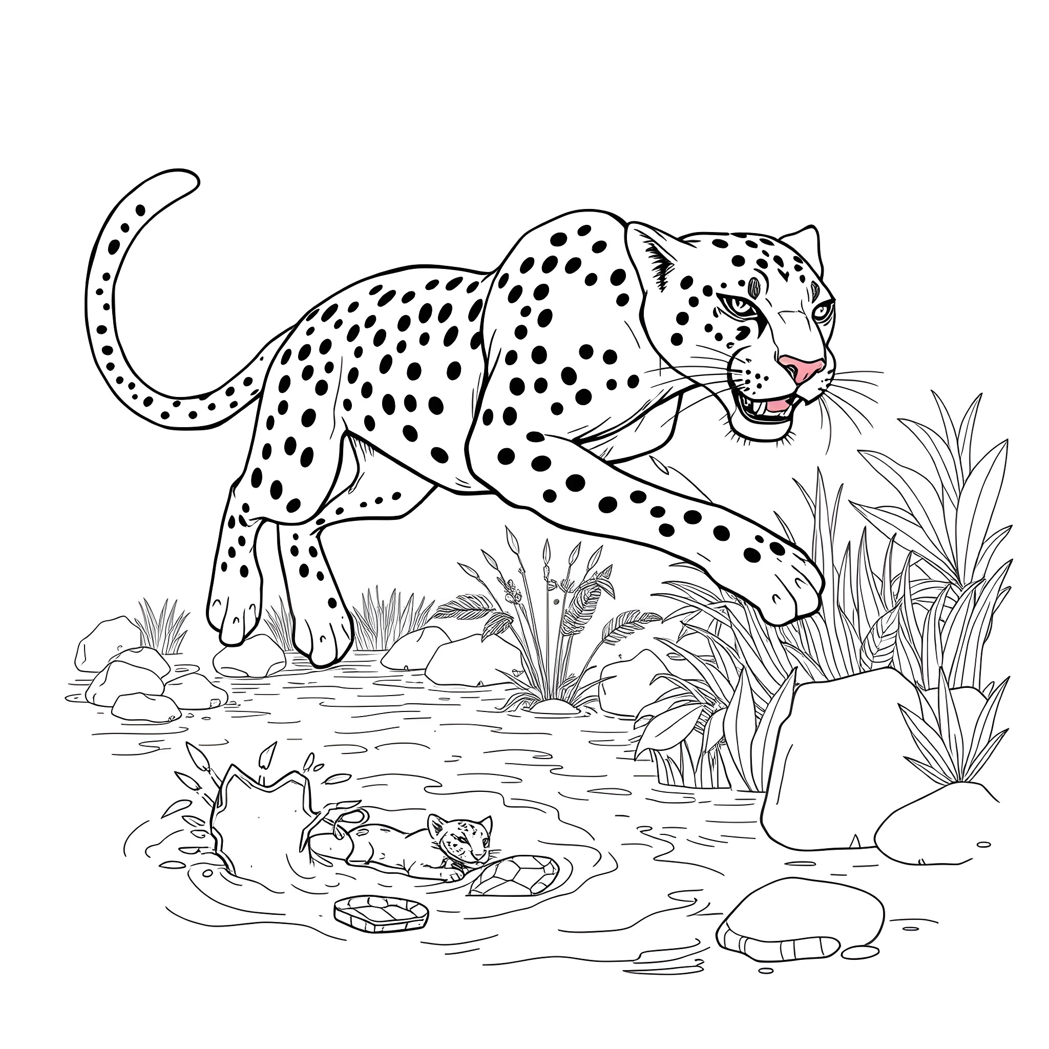 Mishipeshu protecting her young in the wild Coloring Page (free black-and-white line drawing printable PDF for all, from beginners to advanced learners, including children, teens, adults, and seniors)