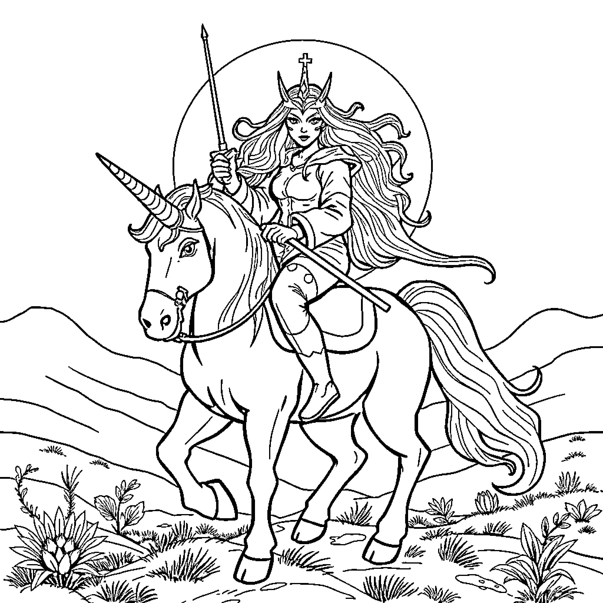 Warrior Queen Riding Majestic Unicorn into Battle Coloring Page (free black-and-white line drawing printable PDF for all, from beginners to advanced learners, including children, teens, adults, and seniors)