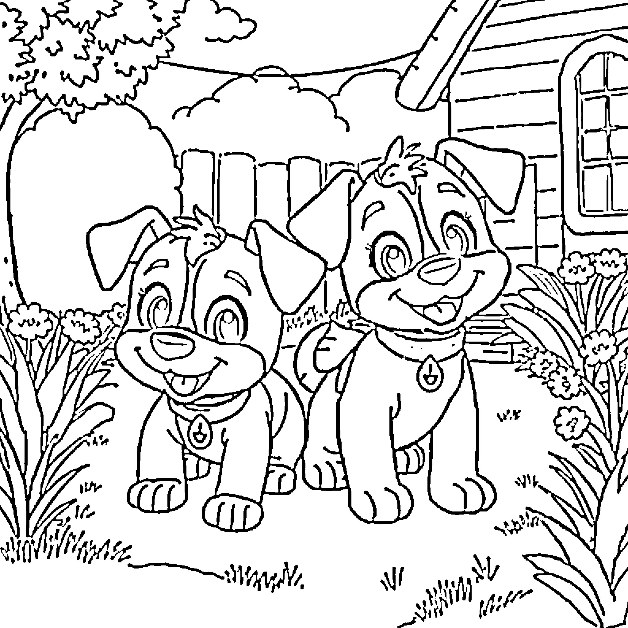Bluey's Playful Pups Explore the Countryside Coloring Page (free black-and-white line drawing printable PDF for all, from beginners to advanced learners, including children, teens, adults, and seniors)
