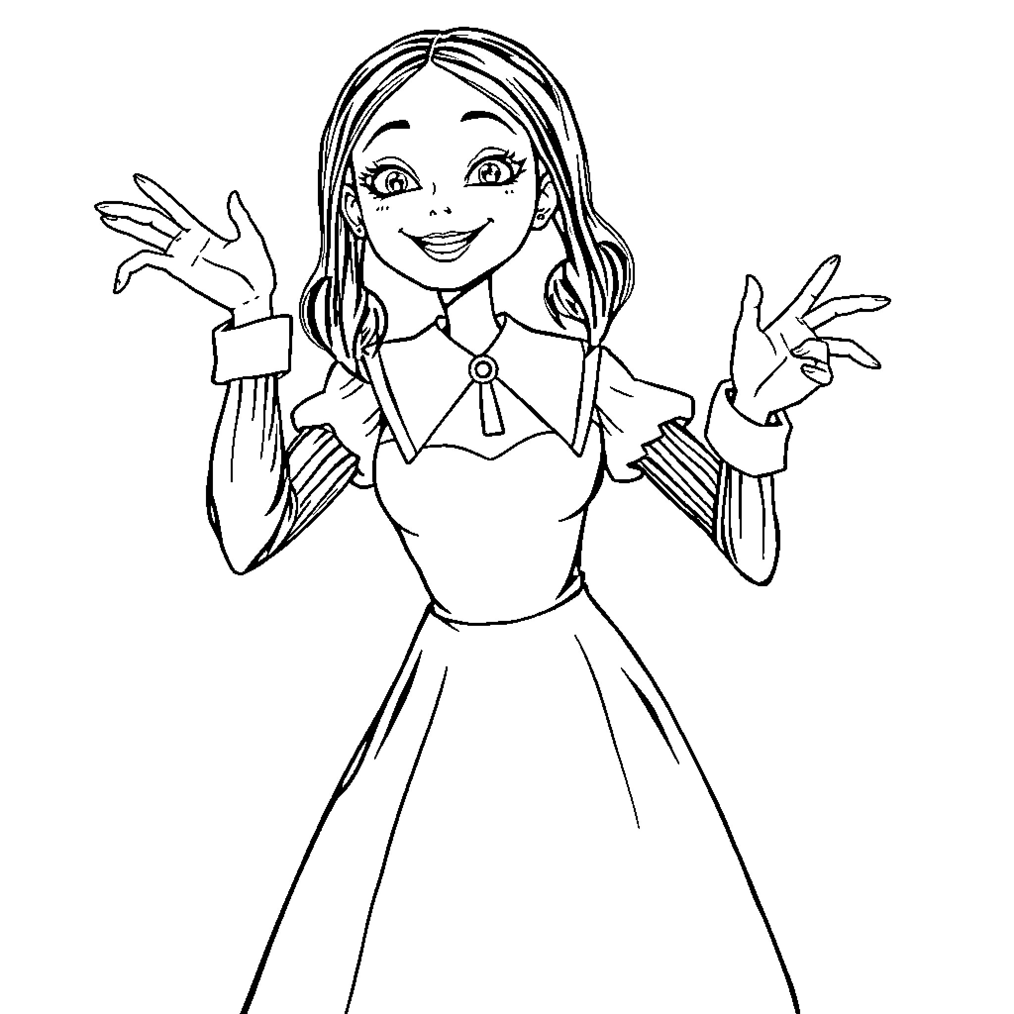 Wednesday Addams in a cheerful pose Coloring Page (free black-and-white line drawing printable PDF for all, from beginners to advanced learners, including children, teens, adults, and seniors)