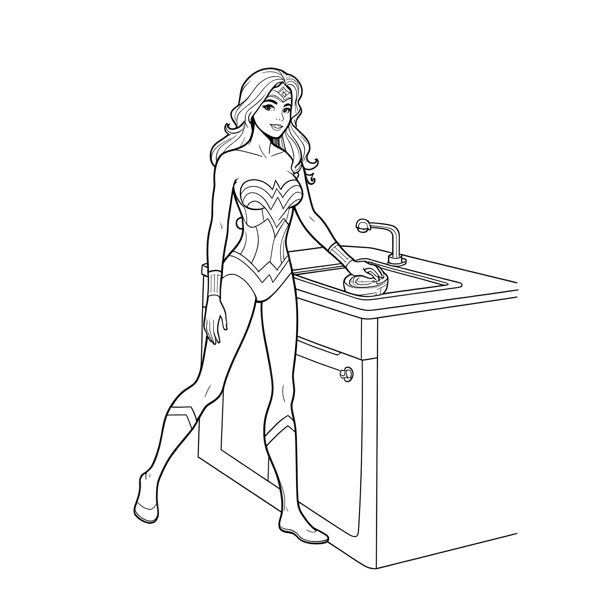 Wonder Woman in action, cooking at the kitchen Coloring Page (free black-and-white line drawing printable PDF for all, from beginners to advanced learners, including children, teens, adults, and seniors)