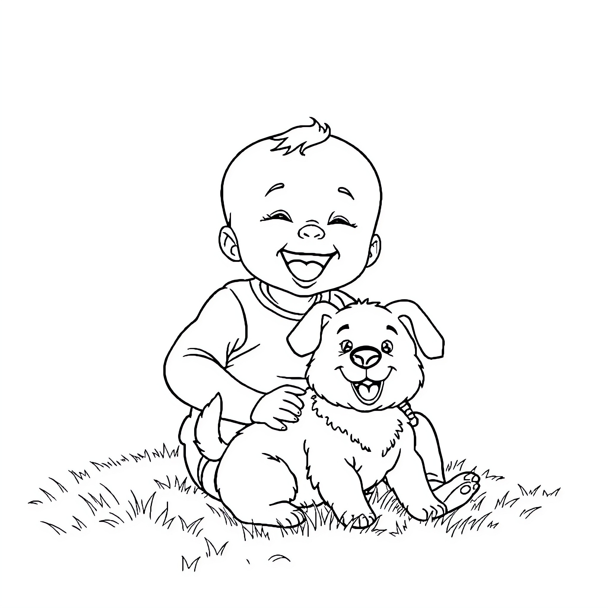 Baby playing happily with puppy in the grass Coloring Page (free black-and-white line drawing printable PDF for all, from beginners to advanced learners, including children, teens, adults, and seniors)