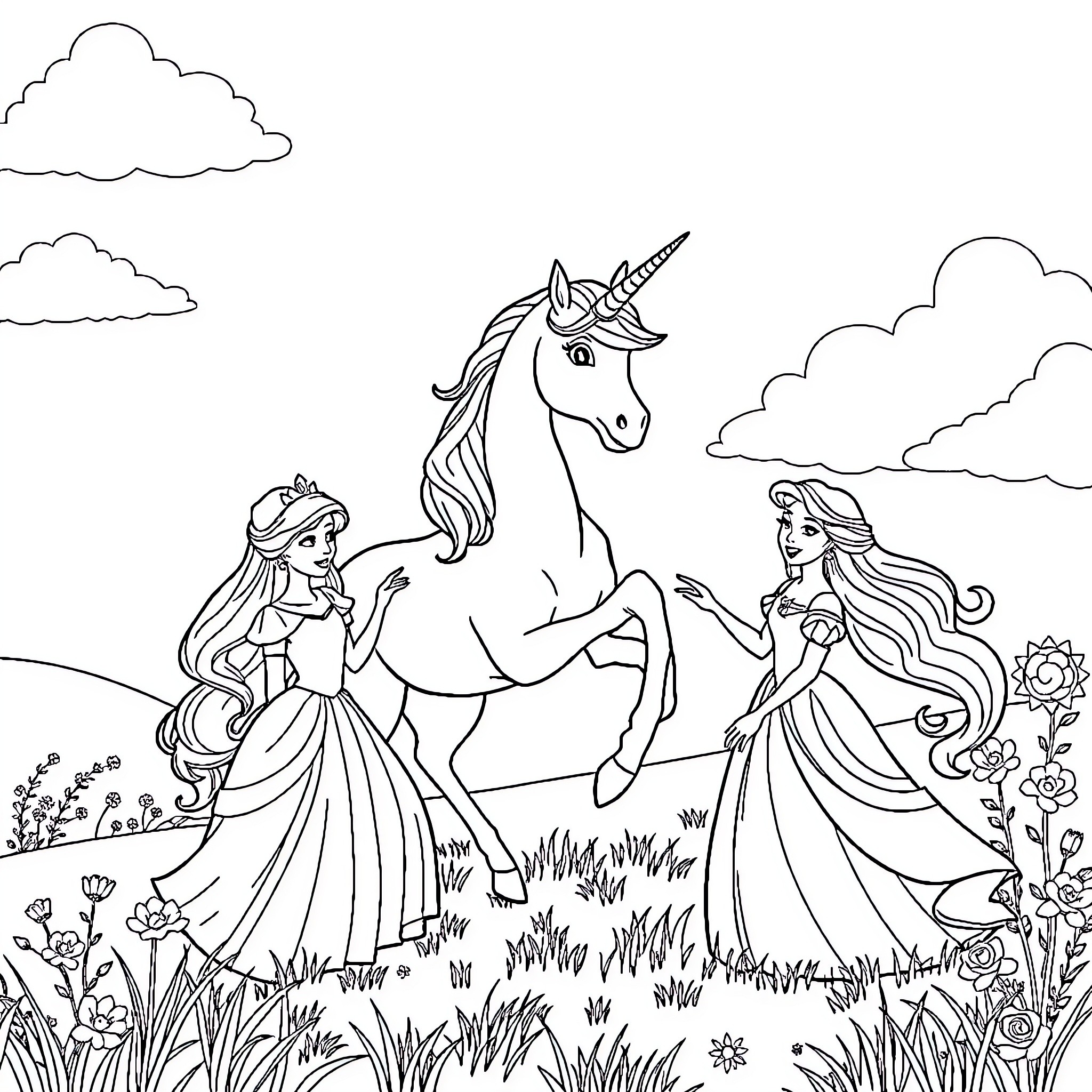 Princess Companions Admiring Unicorn in Enchanted Meadow Coloring Page (free black-and-white line drawing printable PDF for all, from beginners to advanced learners, including children, teens, adults, and seniors)