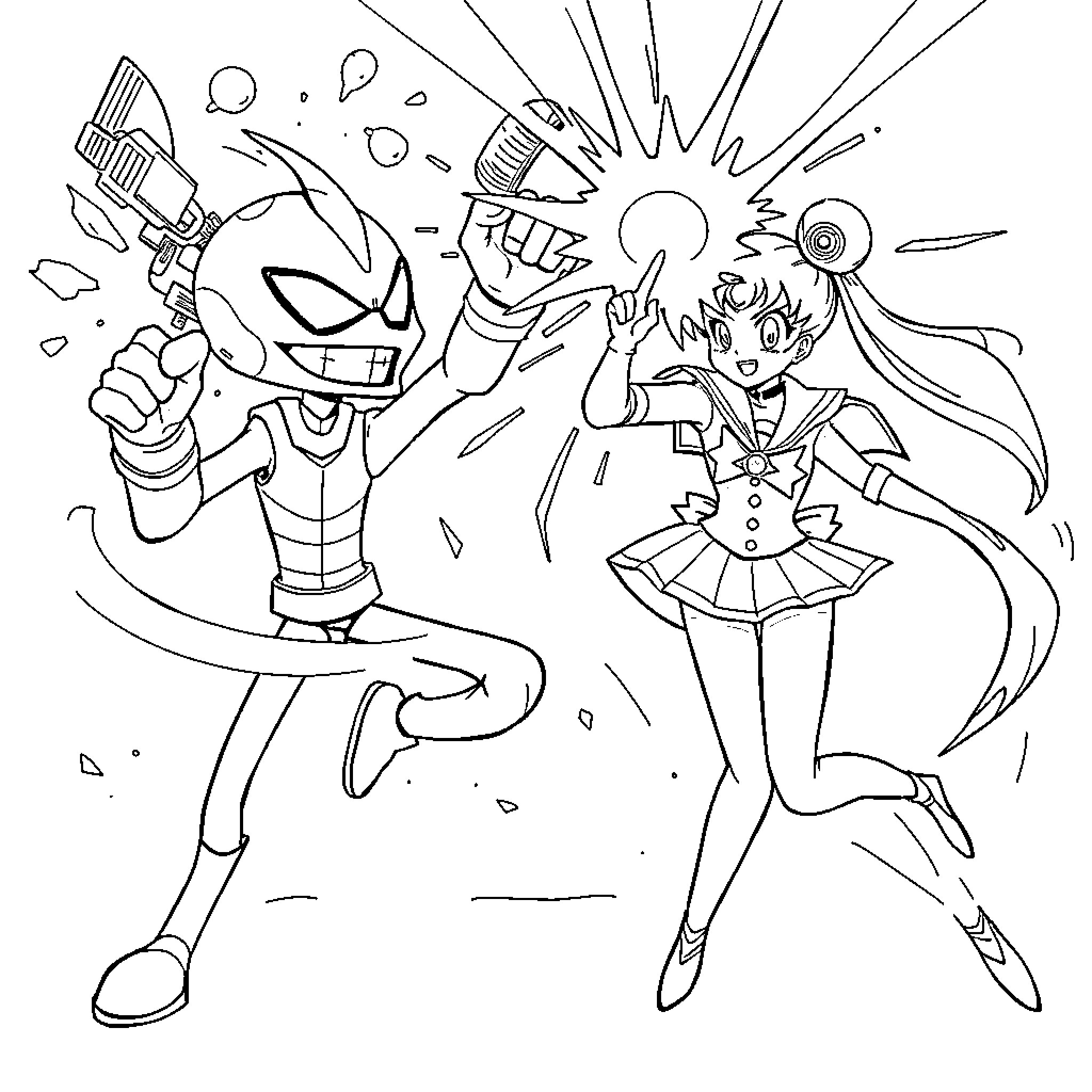 Invader Zim and Sailor Moon in Action Coloring Page (free black-and-white line drawing printable PDF for all, from beginners to advanced learners, including children, teens, adults, and seniors)