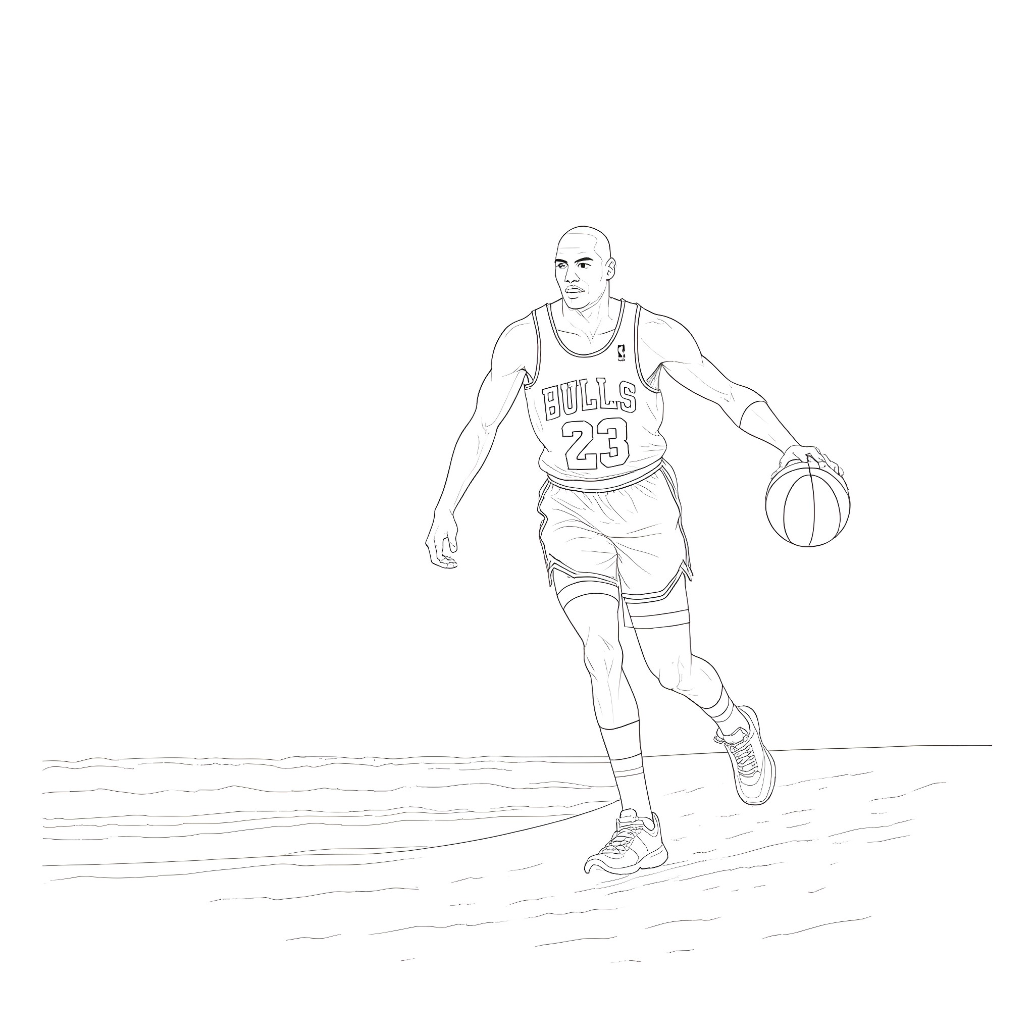 Michael Jordan playing basketball with ball Coloring Page (free black-and-white line drawing printable PDF for all, from beginners to advanced learners, including children, teens, adults, and seniors)