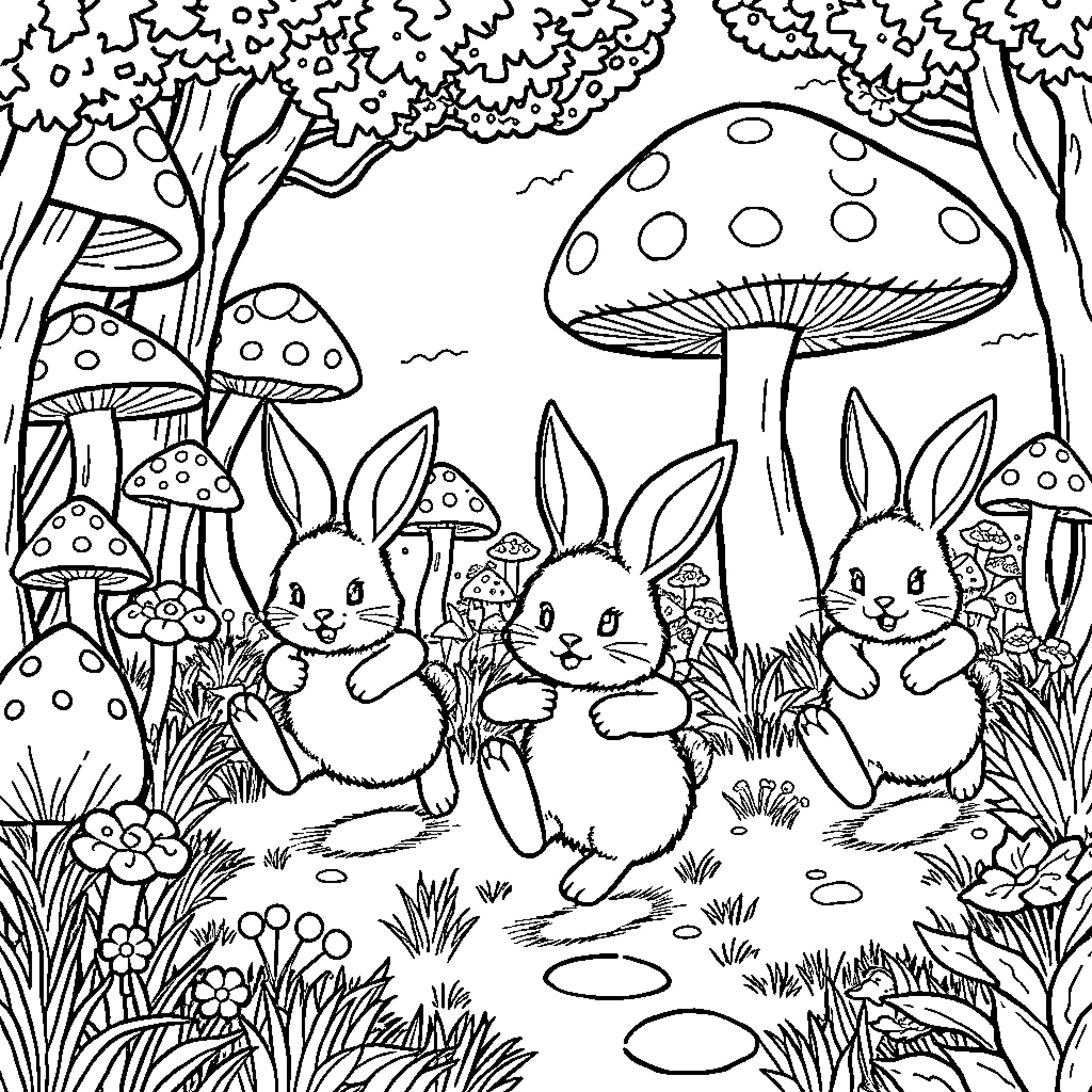 Bunny Bunnies Frolicking in Mushroom Forest Coloring Page (free black-and-white line drawing printable PDF for all, from beginners to advanced learners, including children, teens, adults, and seniors)