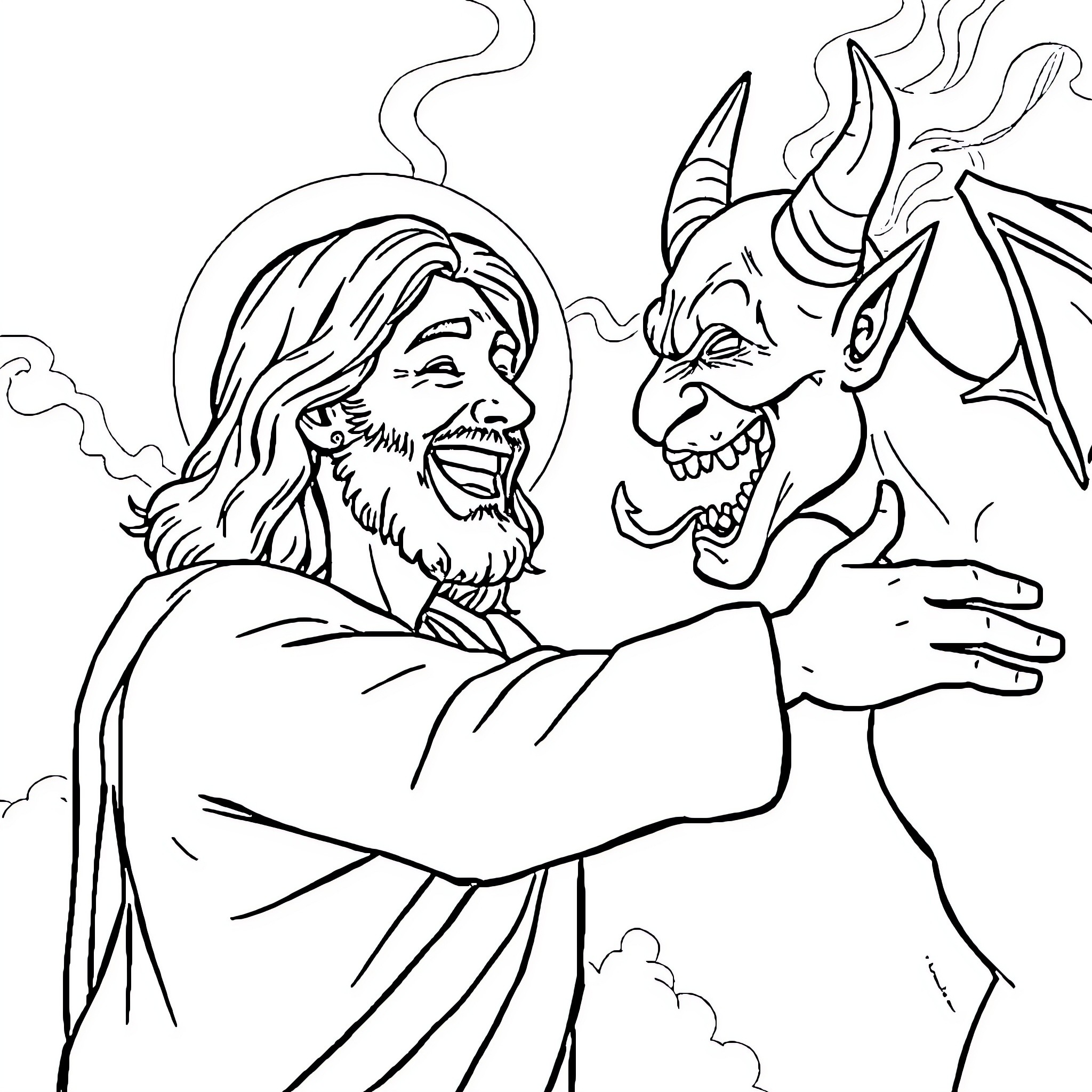 Jesus confronts the devil in the wilderness Coloring Page (free black-and-white line drawing printable PDF for all, from beginners to advanced learners, including children, teens, adults, and seniors)