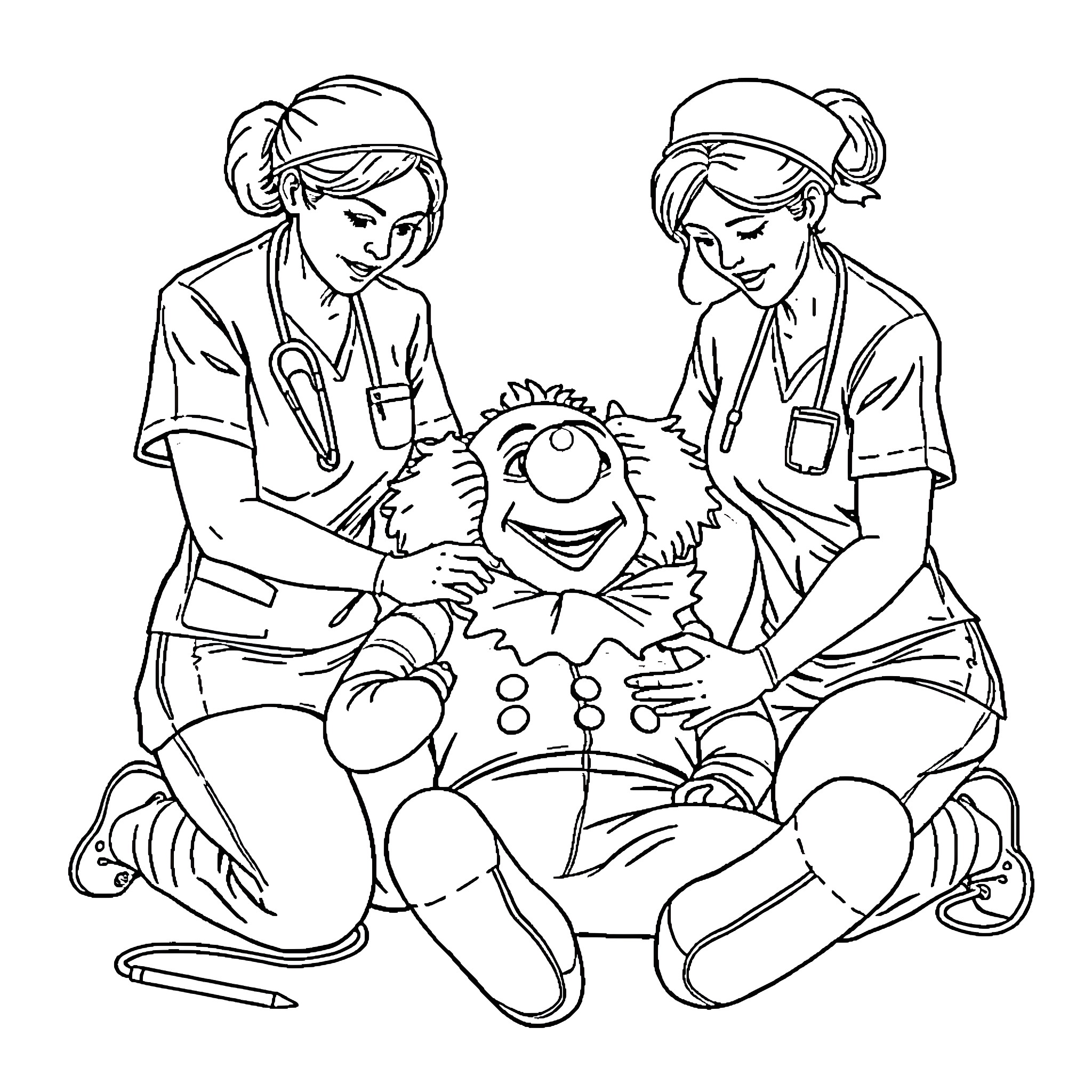 Nurse providing medical care to smiling patient Coloring Page (free black-and-white line drawing printable PDF for all, from beginners to advanced learners, including children, teens, adults, and seniors)