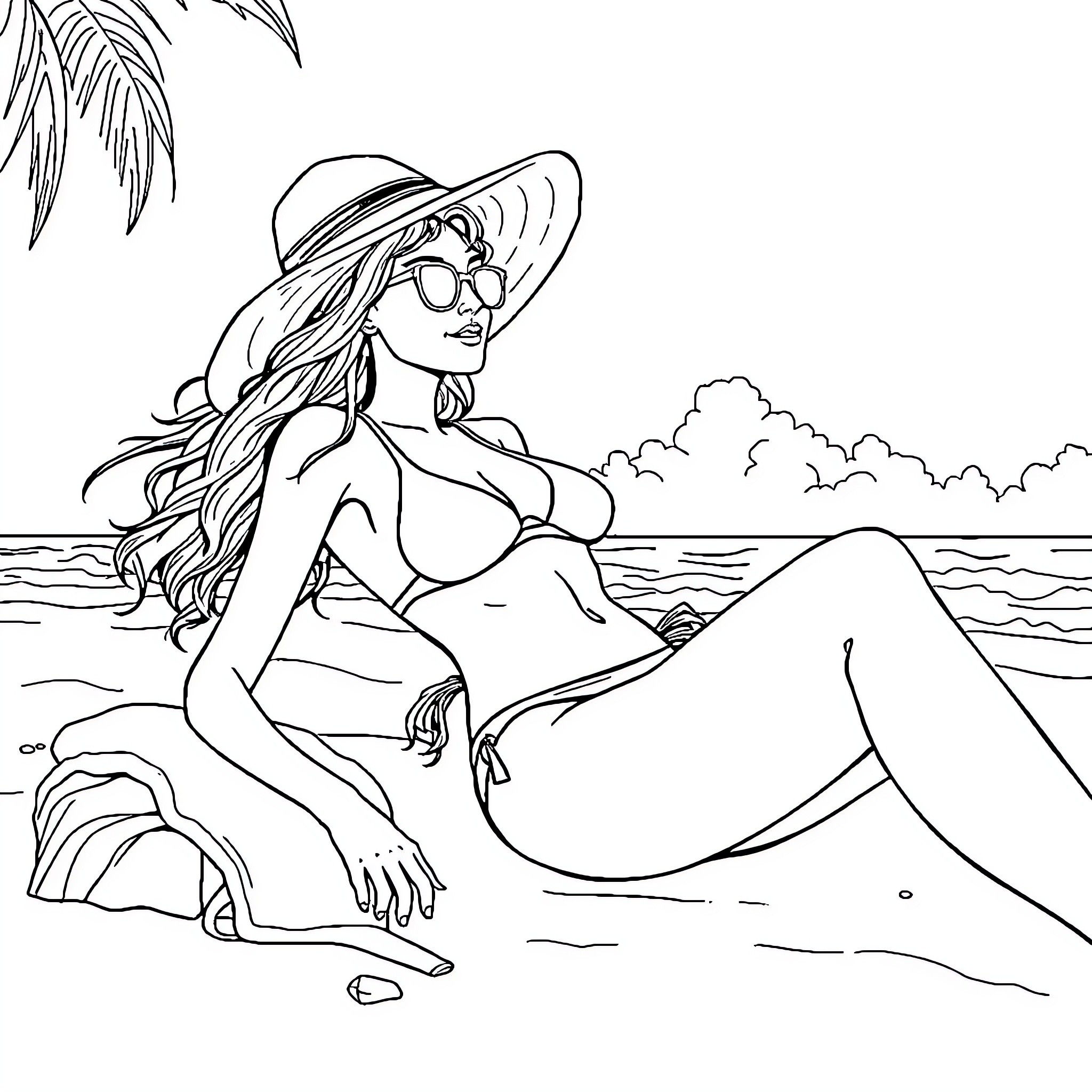 Girl relaxing on the beach in a sun hat Coloring Page (free black-and-white line drawing printable PDF for all, from beginners to advanced learners, including children, teens, adults, and seniors)