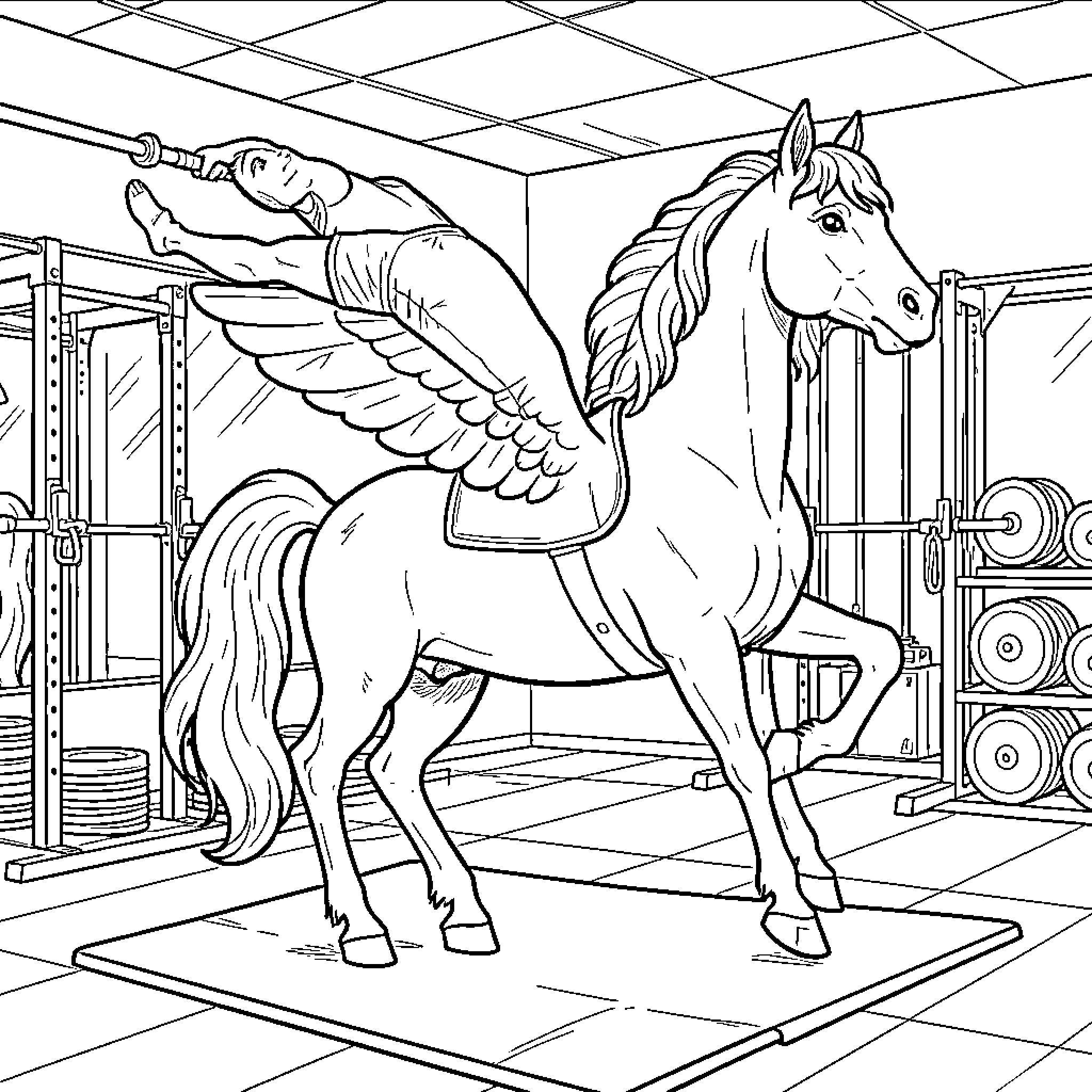 Pegasus performing acrobatic gymnastics in a gym setting Coloring Page (free black-and-white line drawing printable PDF for all, from beginners to advanced learners, including children, teens, adults, and seniors)