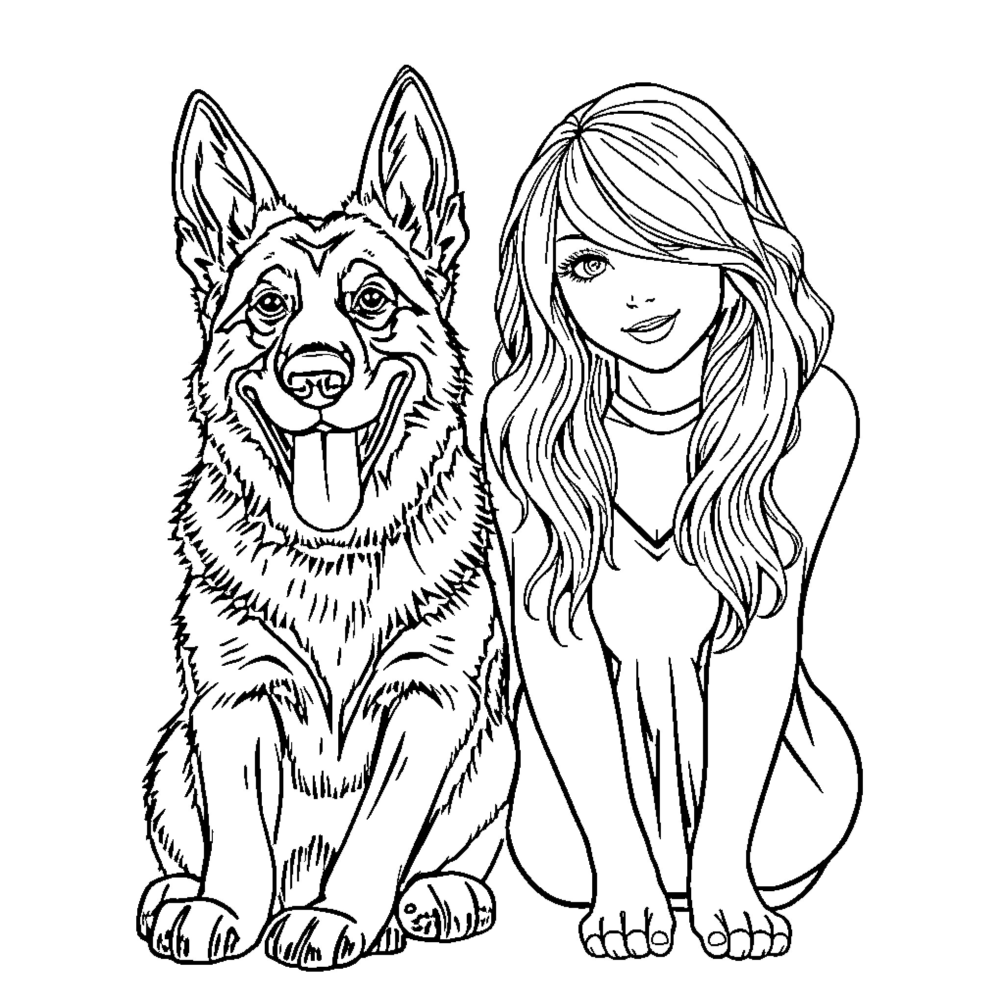 German Shepherd and Girl in Friendly Pose Coloring Page (free black-and-white line drawing printable PDF for all, from beginners to advanced learners, including children, teens, adults, and seniors)