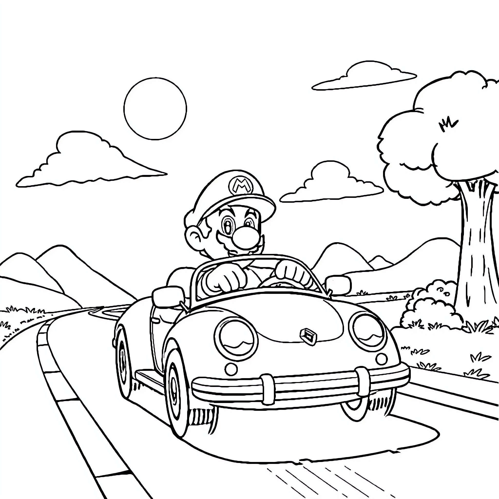 Mario driving a car through the countryside Coloring Page (free black-and-white line drawing printable PDF for all, from beginners to advanced learners, including children, teens, adults, and seniors)