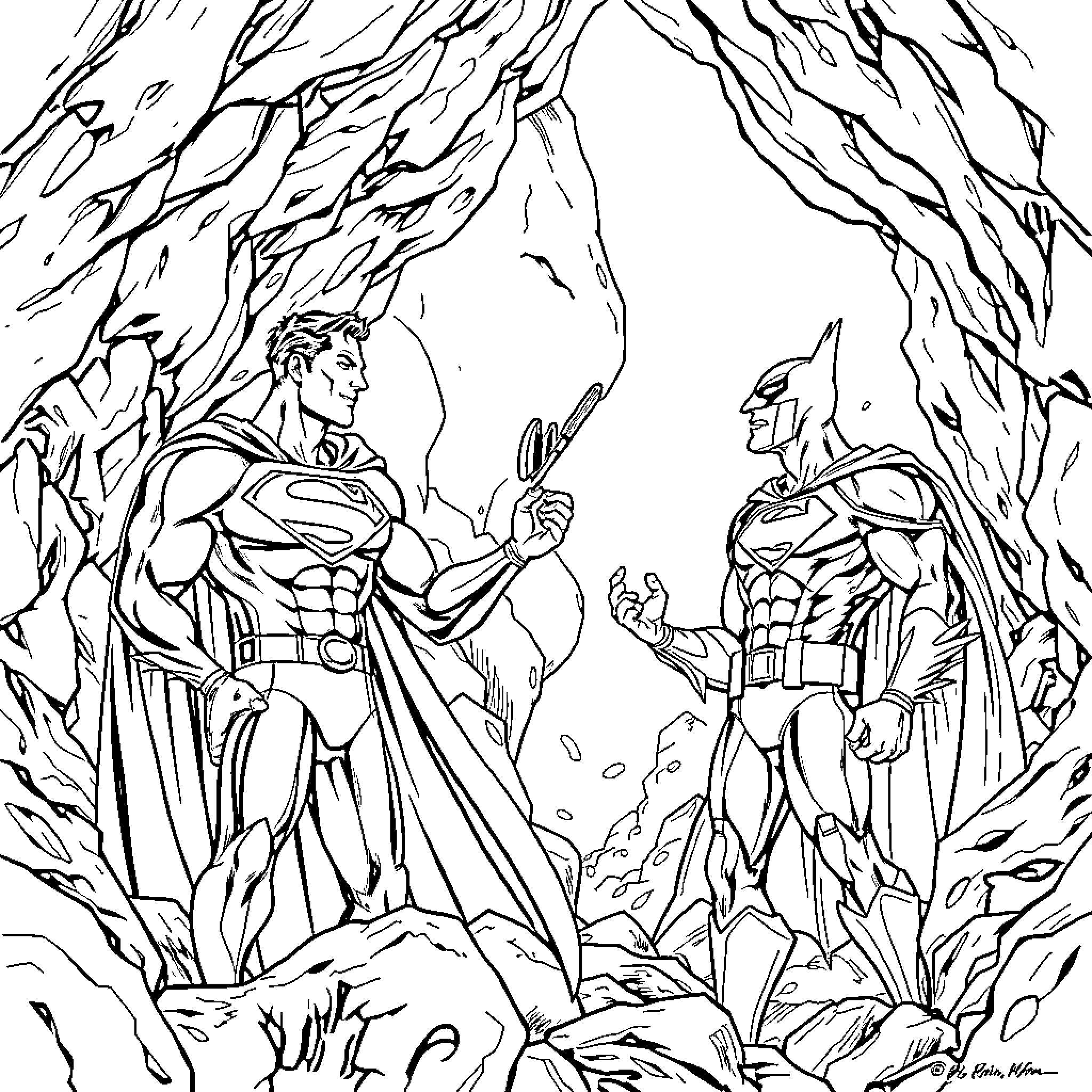 Superman and Batman face off in an epic battle Coloring Page (free black-and-white line drawing printable PDF for all, from beginners to advanced learners, including children, teens, adults, and seniors)
