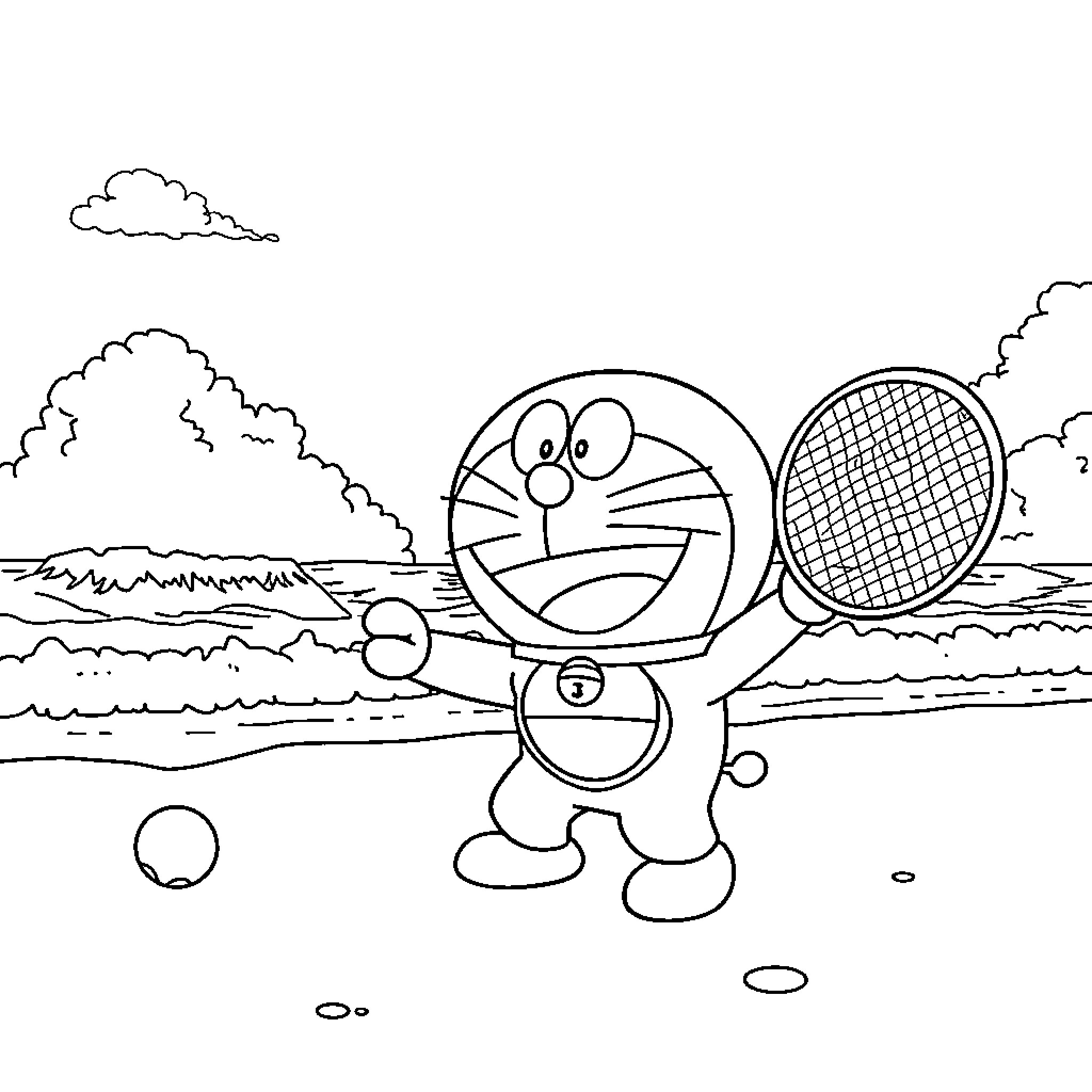 Doraemon playing with a tennis racket on the beach Coloring Page (free black-and-white line drawing printable PDF for all, from beginners to advanced learners, including children, teens, adults, and seniors)