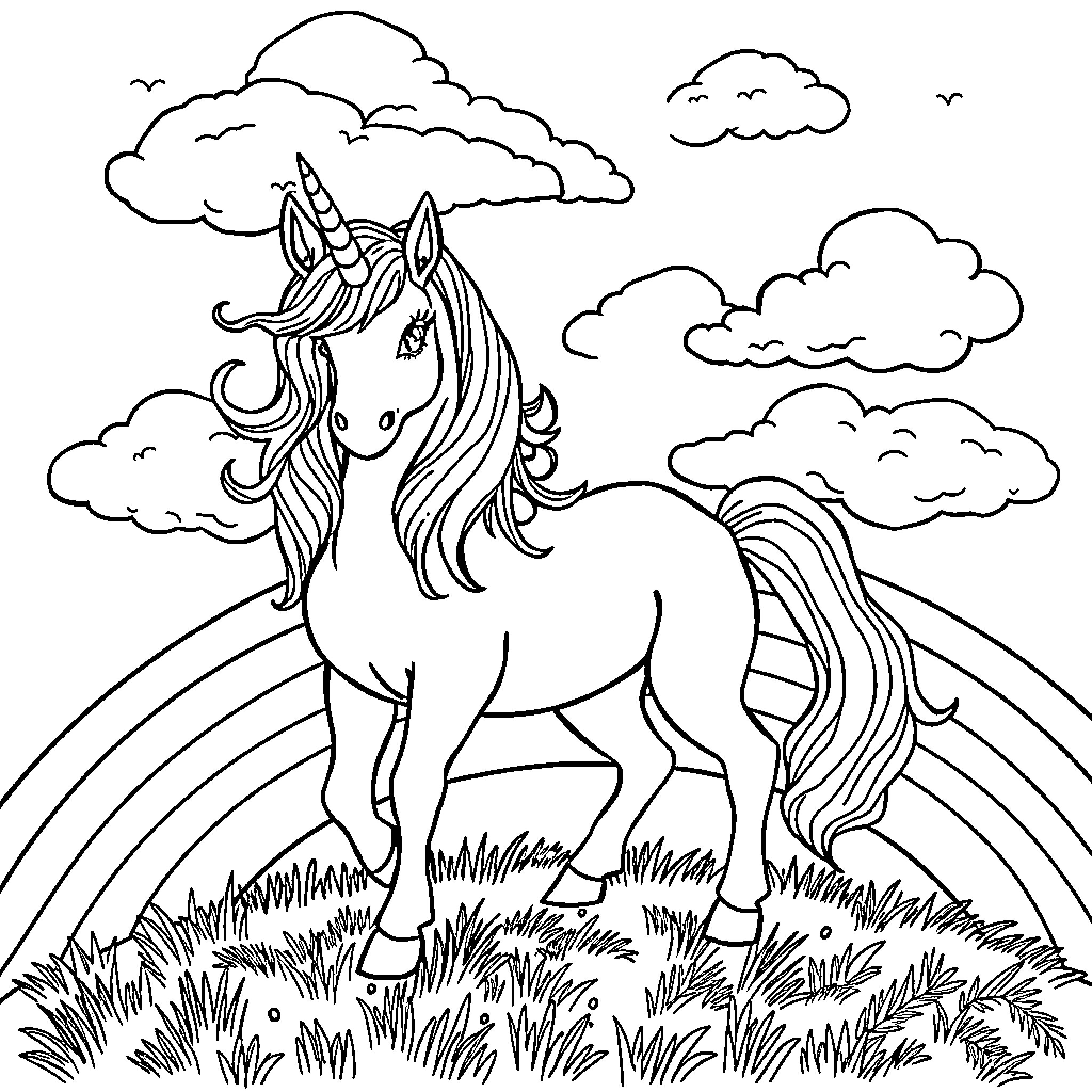 Unicorn standing on a grassy hill against cloudy sky Coloring Page (free black-and-white line drawing printable PDF for all, from beginners to advanced learners, including children, teens, adults, and seniors)