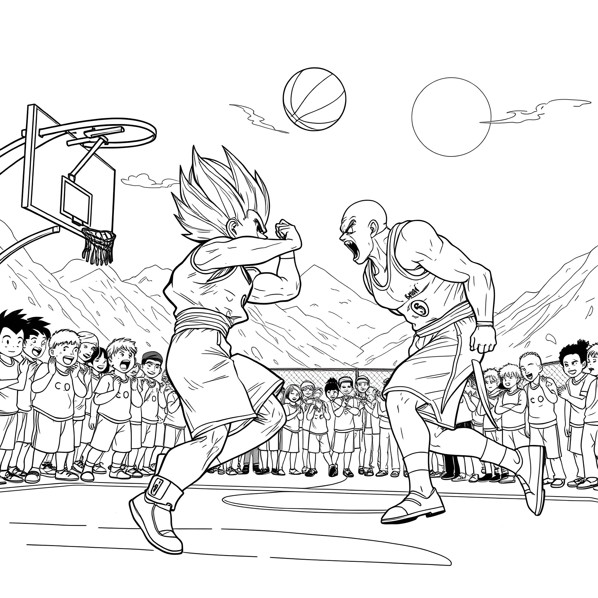 Vegeta's Basketball Showdown Coloring Page (free black-and-white line drawing printable PDF for all, from beginners to advanced learners, including children, teens, adults, and seniors)