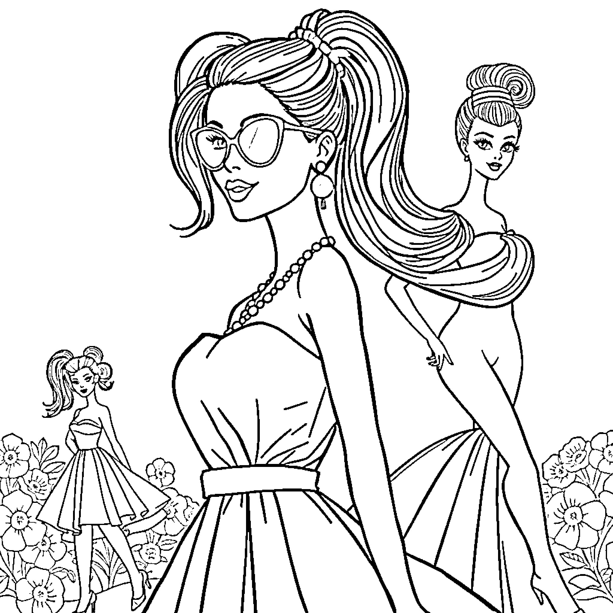 Barbie dolls in fashionable outfits and poses Coloring Page (free black-and-white line drawing printable PDF for all, from beginners to advanced learners, including children, teens, adults, and seniors)