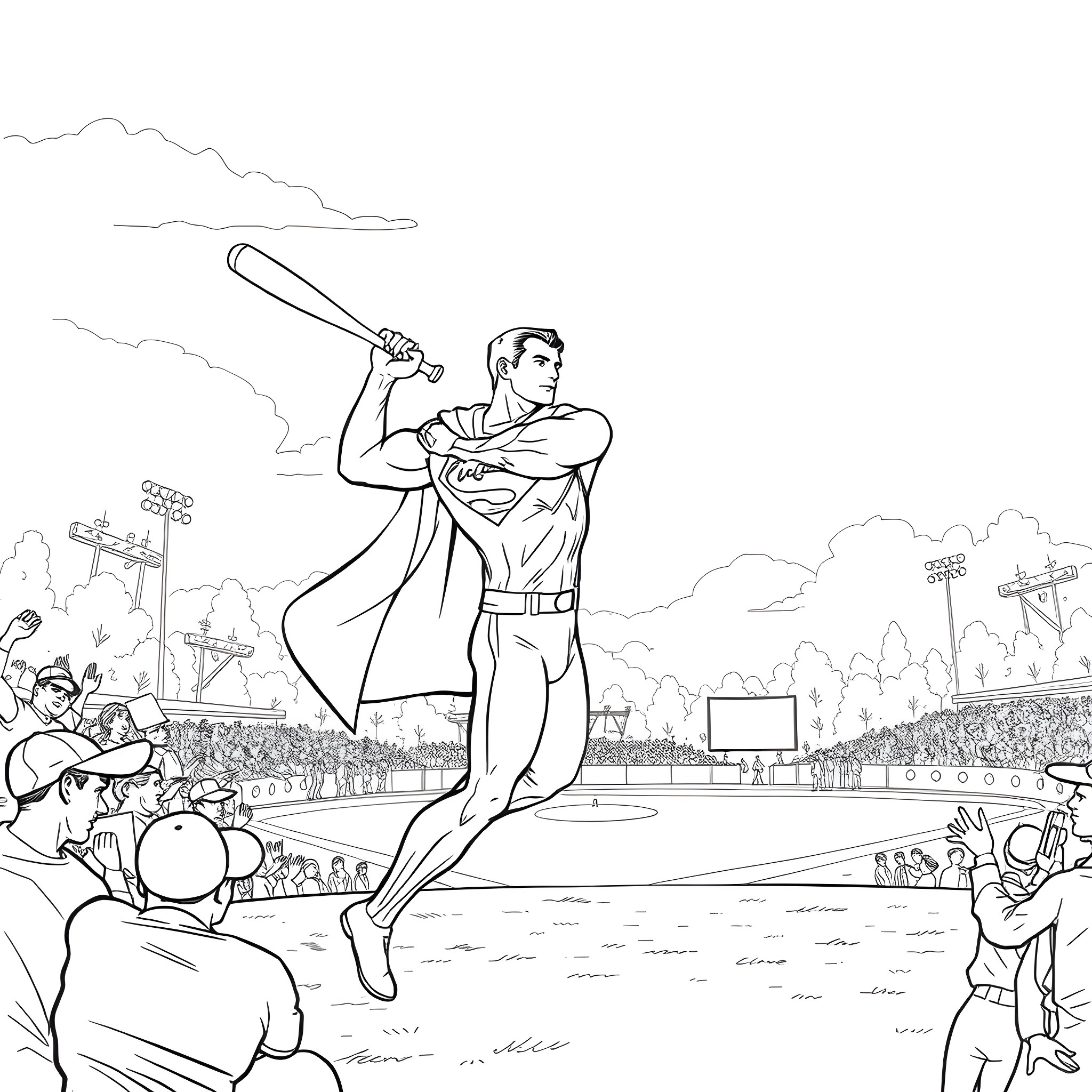 Superman heroically batting at a baseball game Coloring Page (free black-and-white line drawing printable PDF for all, from beginners to advanced learners, including children, teens, adults, and seniors)