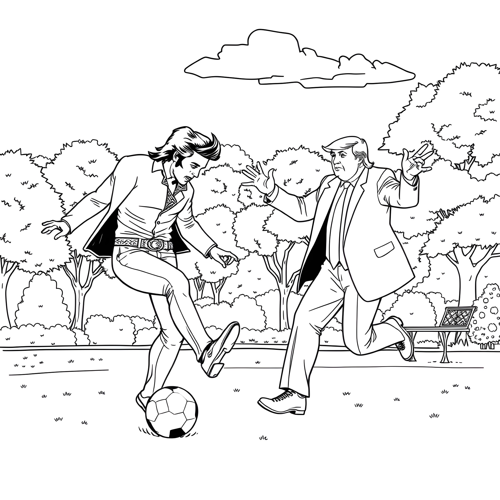 Elvis Presley playing soccer with a friend in the park Coloring Page (free black-and-white line drawing printable PDF for all, from beginners to advanced learners, including children, teens, adults, and seniors)