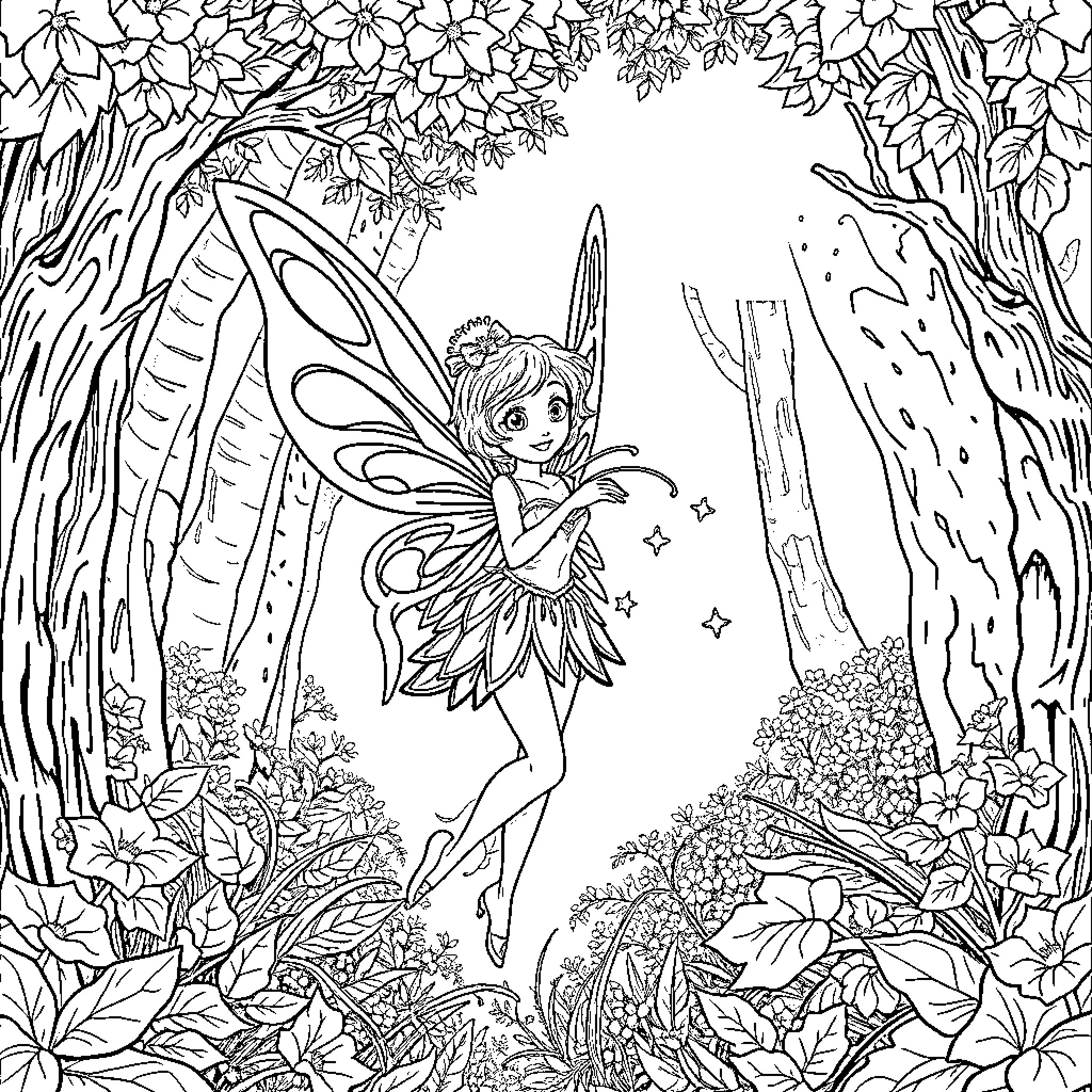 Amalka's Fairy Adventure in the Enchanted Forest Coloring Page (free black-and-white line drawing printable PDF for all, from beginners to advanced learners, including children, teens, adults, and seniors)