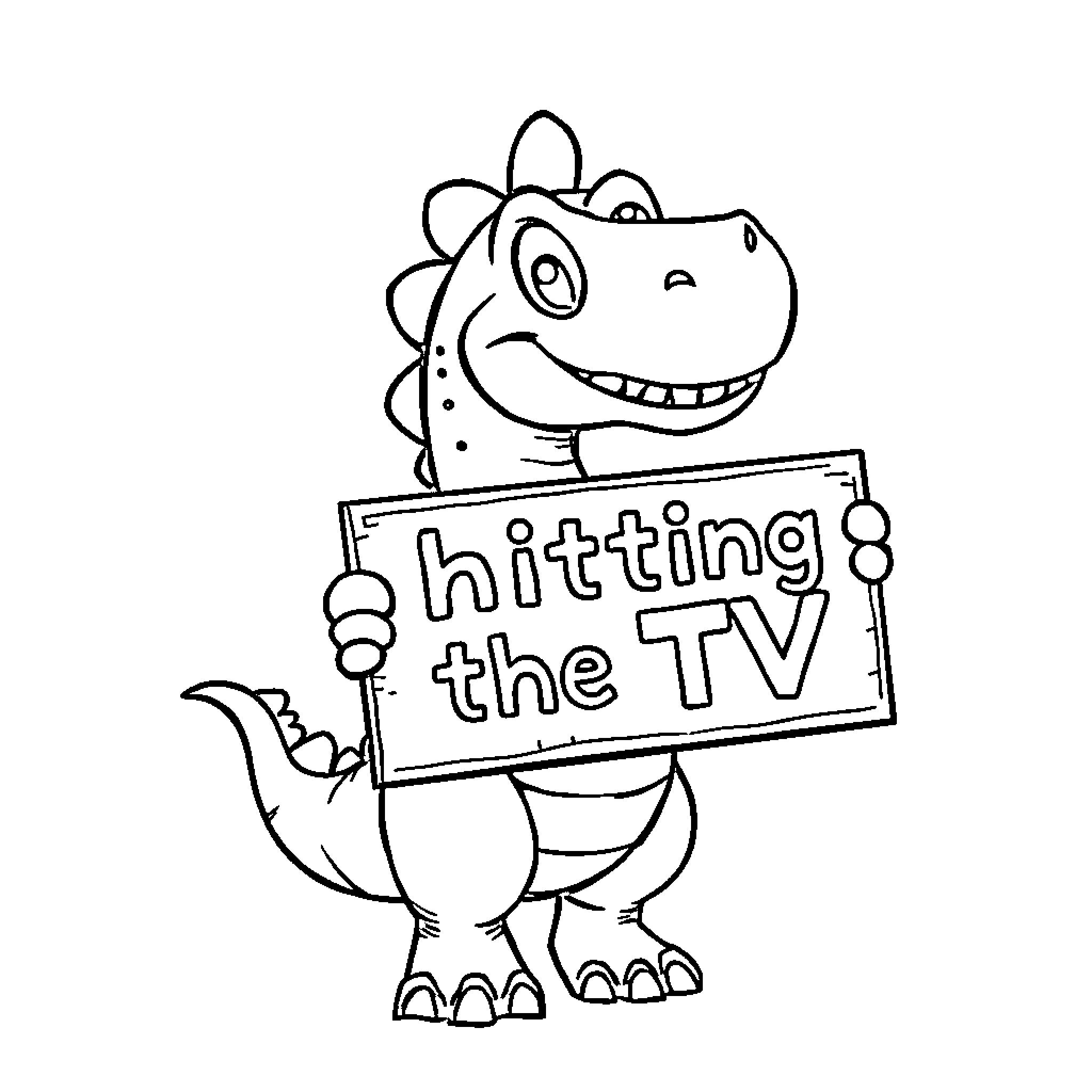 Dinosaur happily hitting the TV Coloring Page (free black-and-white line drawing printable PDF for all, from beginners to advanced learners, including children, teens, adults, and seniors)