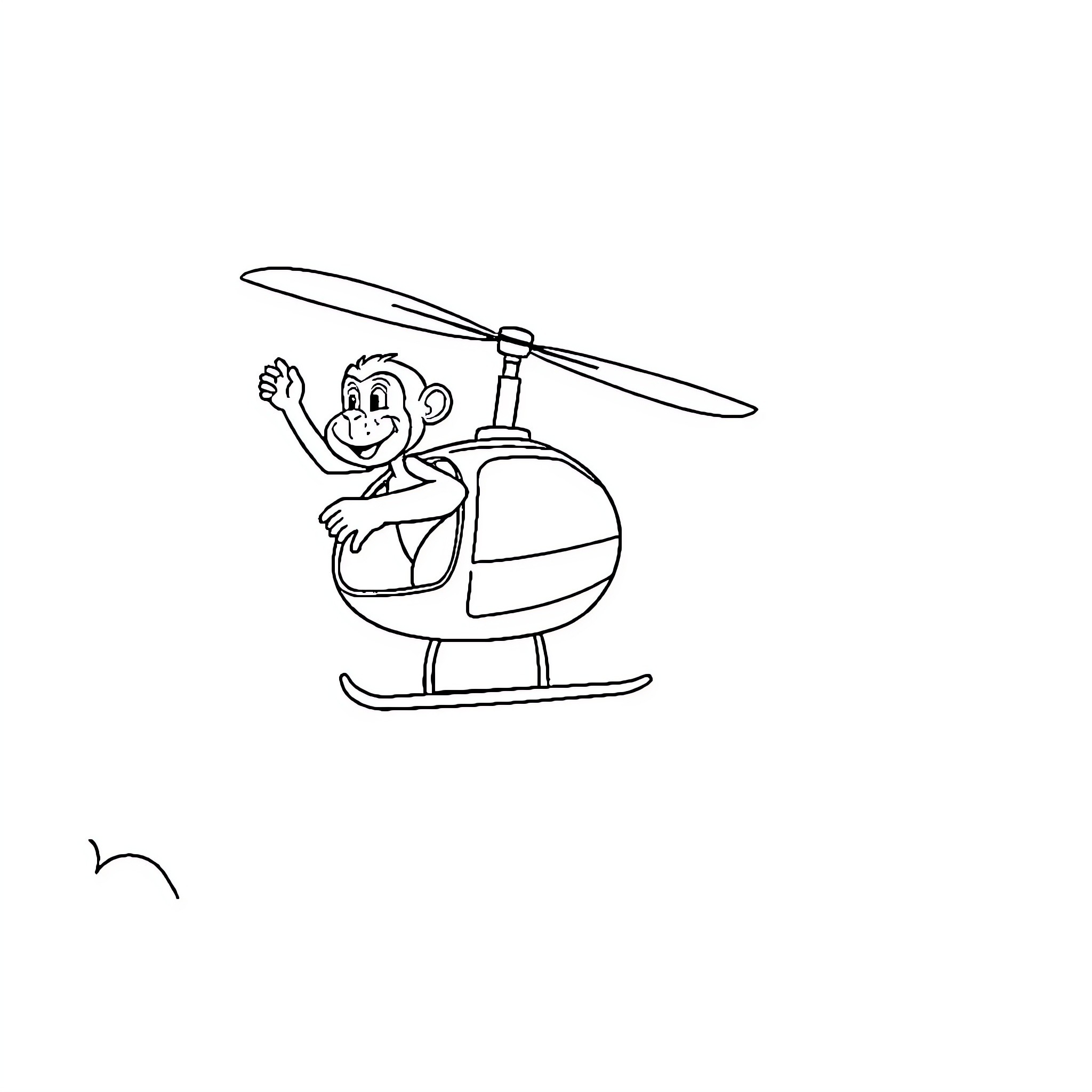 Monkey flying happily in a helicopter Coloring Page (free black-and-white line drawing printable PDF for all, from beginners to advanced learners, including children, teens, adults, and seniors)
