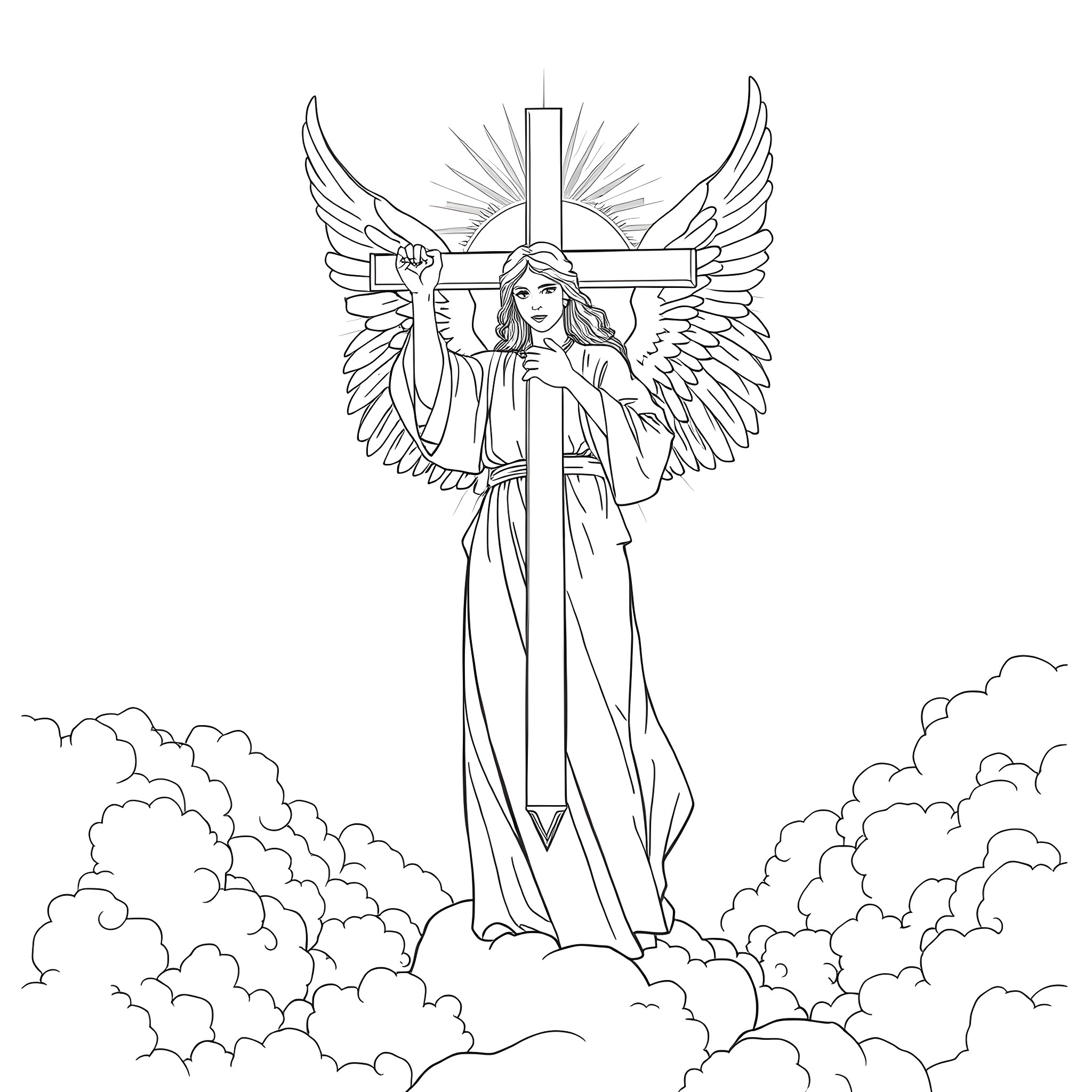 Angel wielding a sword amidst clouds Coloring Page (free black-and-white line drawing printable PDF for all, from beginners to advanced learners, including children, teens, adults, and seniors)