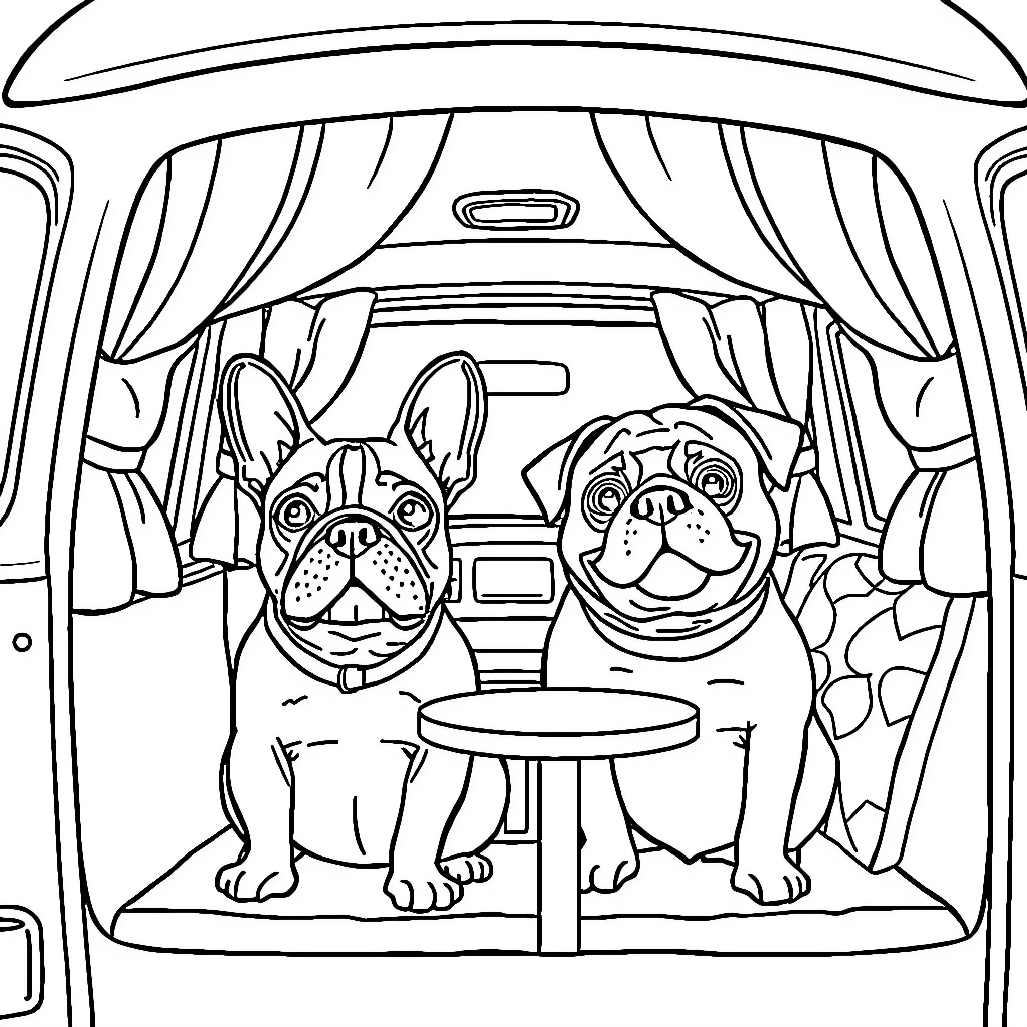 Dogs enjoying the cozy car interior Coloring Page (free black-and-white line drawing printable PDF for all, from beginners to advanced learners, including children, teens, adults, and seniors)