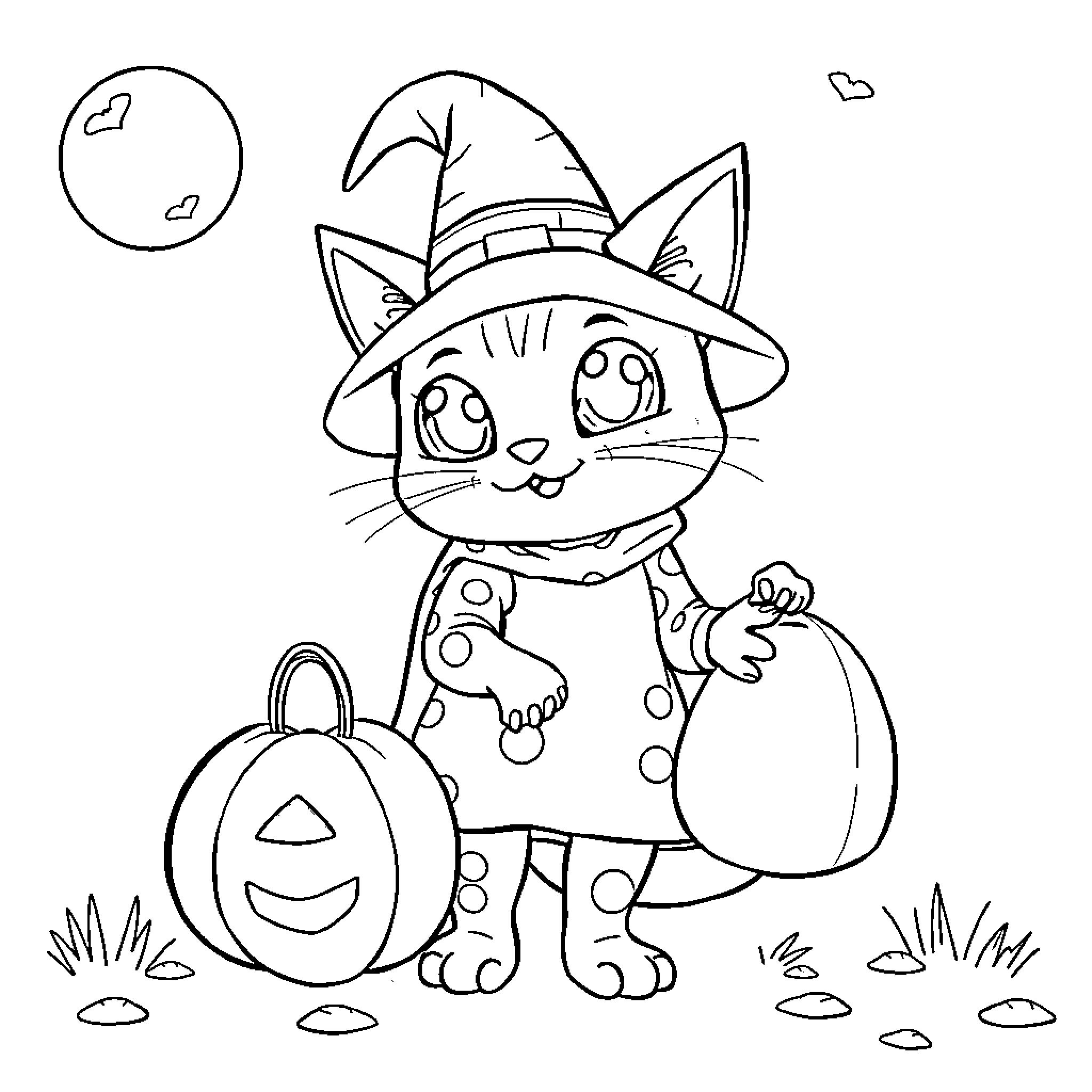 Caterpie in witch costume carrying pumpkin Coloring Page (free black-and-white line drawing printable PDF for all, from beginners to advanced learners, including children, teens, adults, and seniors)