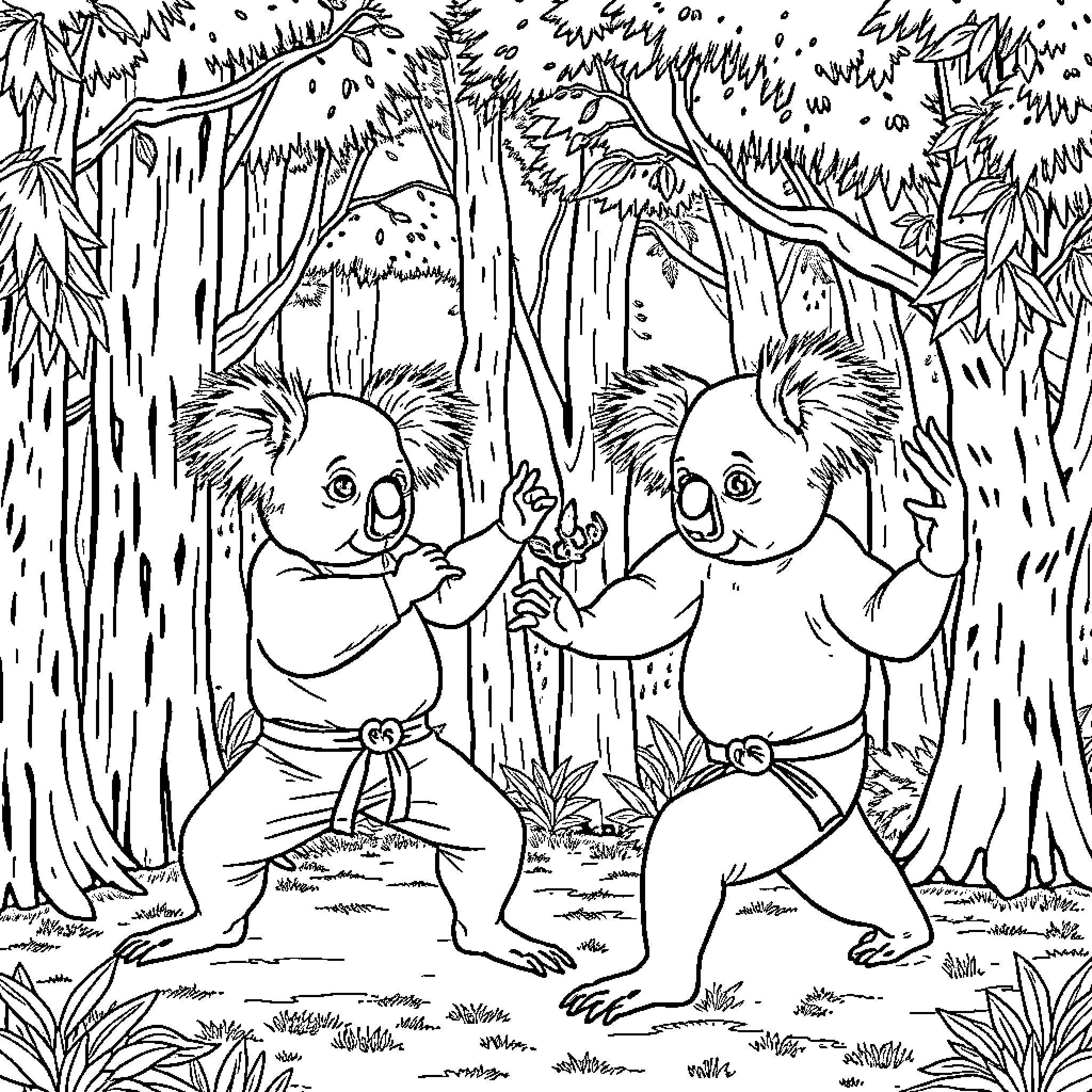 Koalas enjoying a friendly encounter in the forest Coloring Page (free black-and-white line drawing printable PDF for all, from beginners to advanced learners, including children, teens, adults, and seniors)