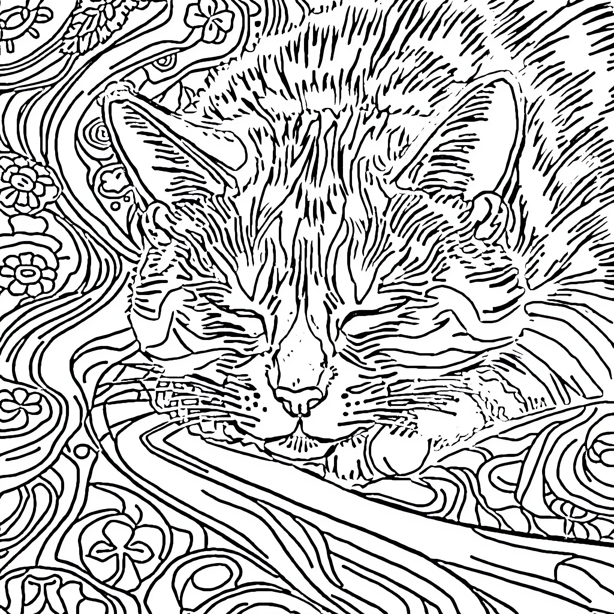 Cat in psychedelic nature landscape Coloring Page (free black-and-white line drawing printable PDF for all, from beginners to advanced learners, including children, teens, adults, and seniors)
