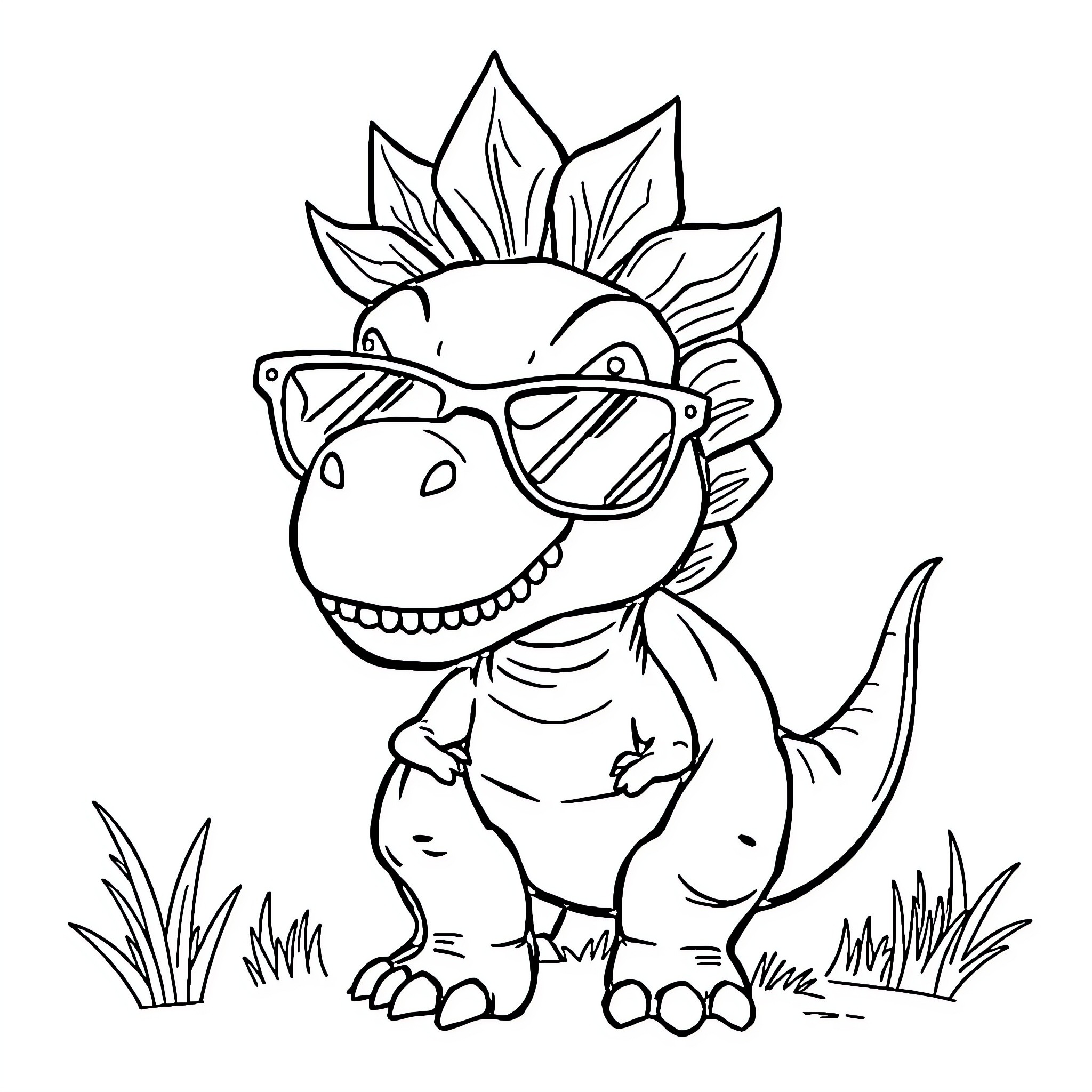 Dinosaur wearing cool sunglasses in nature Coloring Page (free black-and-white line drawing printable PDF for all, from beginners to advanced learners, including children, teens, adults, and seniors)