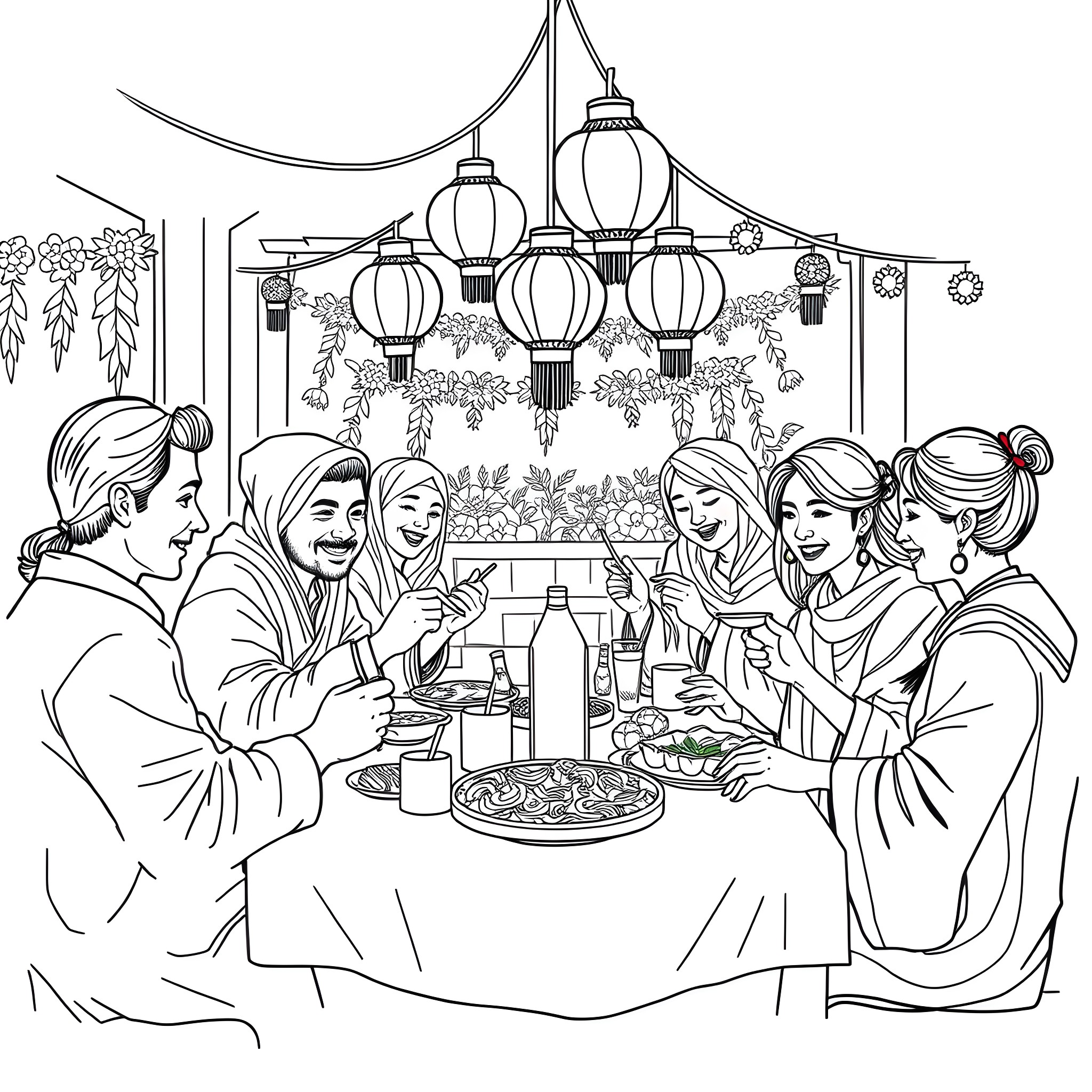 Tun Tun Tung Celebrations around the table with friends Coloring Page (free black-and-white line drawing printable PDF for all, from beginners to advanced learners, including children, teens, adults, and seniors)
