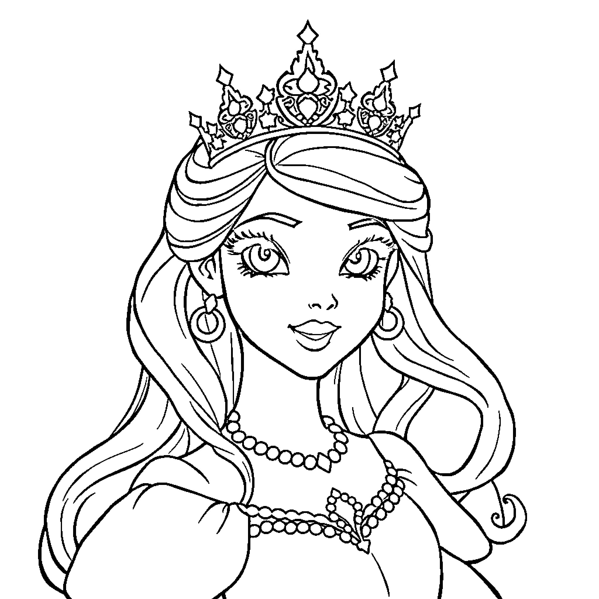 Princess adorned in elegant jewelry and crown Coloring Page (free black-and-white line drawing printable PDF for all, from beginners to advanced learners, including children, teens, adults, and seniors)
