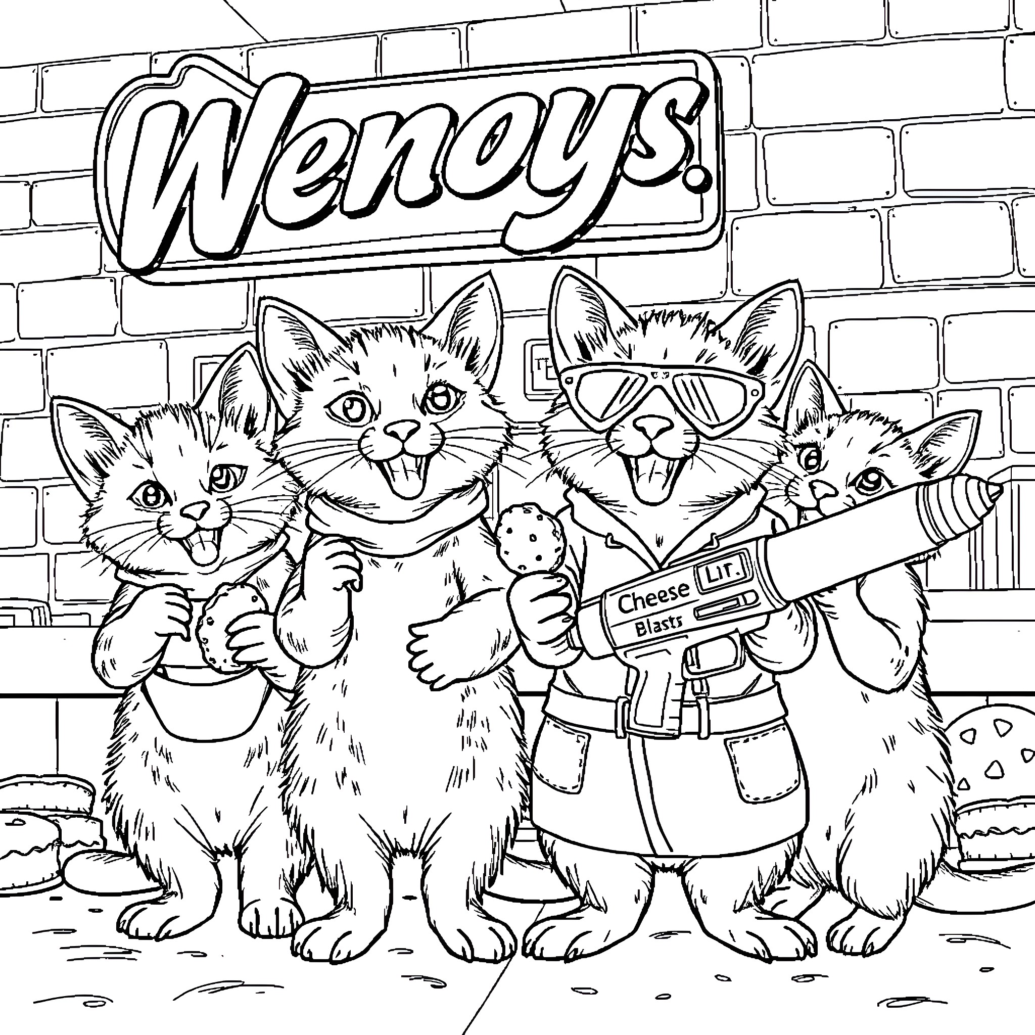Kitty cats enjoying Wendy's snacks together Coloring Page (free black-and-white line drawing printable PDF for all, from beginners to advanced learners, including children, teens, adults, and seniors)