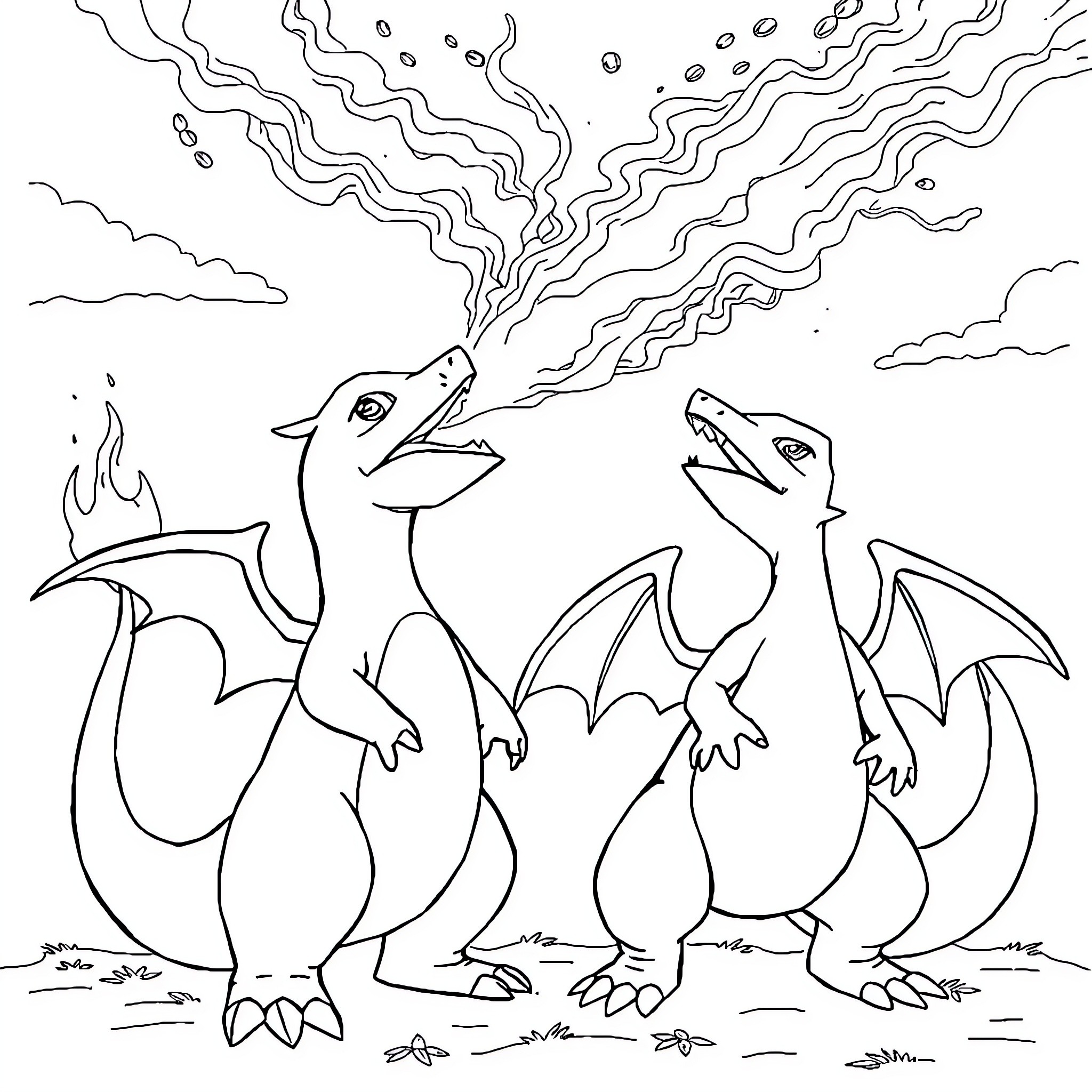Charmander and Charizard breathing fire in the sky Coloring Page (free black-and-white line drawing printable PDF for all, from beginners to advanced learners, including children, teens, adults, and seniors)